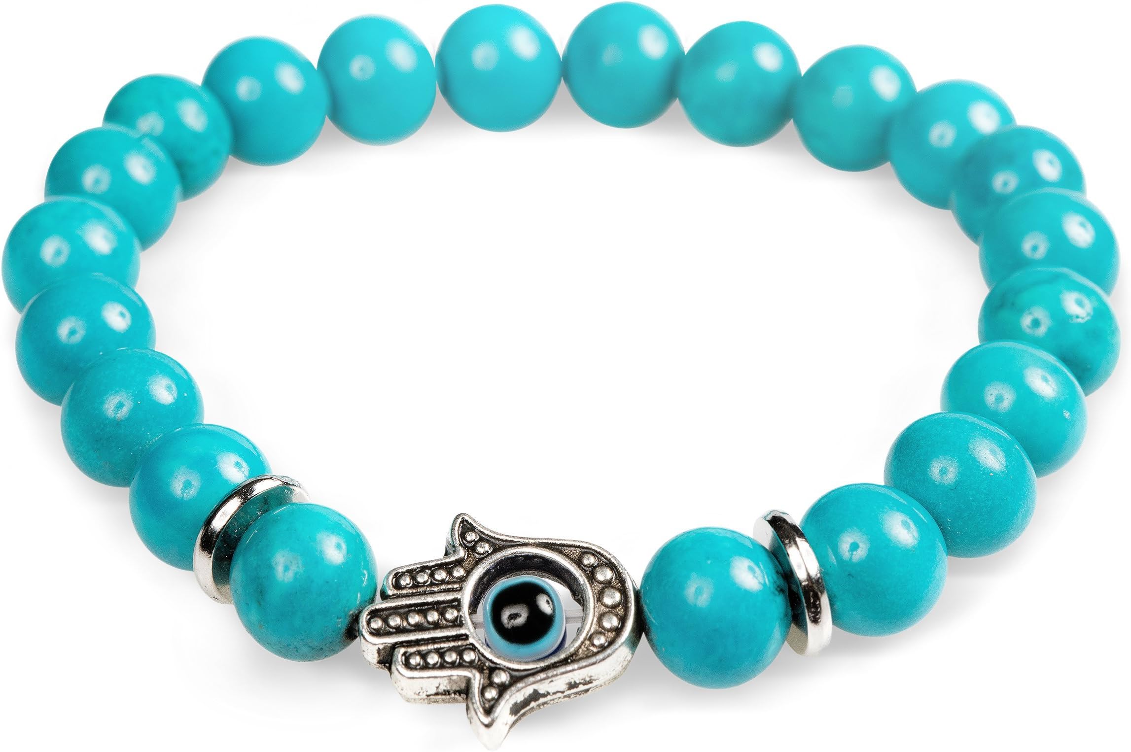 Hamsa Hand Protection Bead Bracelet - Spiritual Yoga Hand of Fatima - Third Eye Chakra - Turquoise and Silver - 7.25in