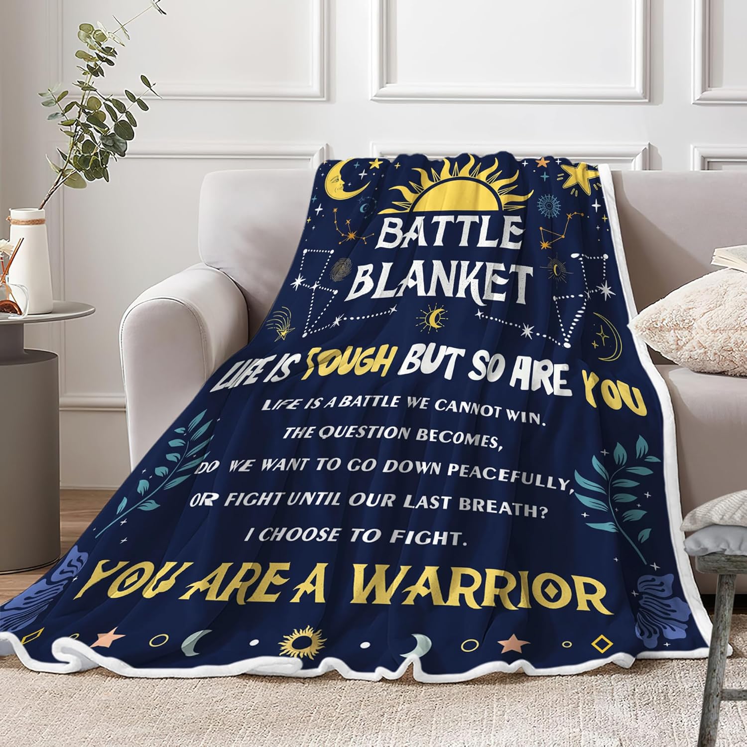 DYNH Get Well Soon Gifts Blanket for Women Men, Cancer Care Gifts for Women, After Surgery Gifts for Patient Caring Gift Blanket, Cancer Fighter Inspirational Quote Battle Blanket,Blue,50x60 - Image 3