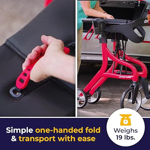 Miniatura 6 de Drive Medical Nitro Sprint - Andador plegable con asiento, ligero, para estatura estándar, con ruedas grandes, plegable, color rojo