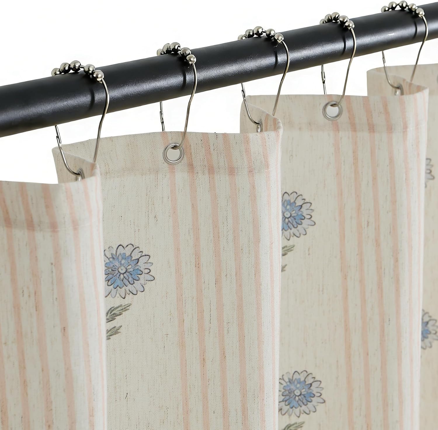 PROCIDA Vintage Shower Curtain- Blue Block Print Floral with Striped, 72x72 Inch Linen Blend Bathroom Curtain with 12 Metal Hooks, Flower Bath Curtain for Cottage Core Bathrooms.