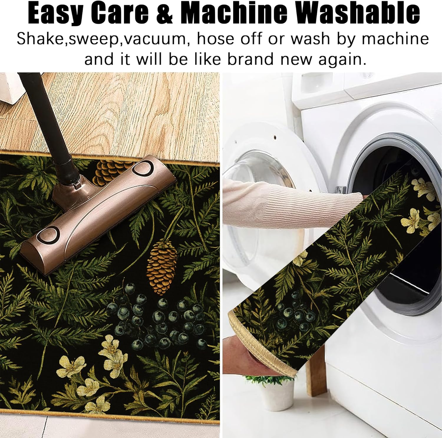 Dark Green Herb Plants Indoor Outdoor Door Mat,Wildflowers Front Floor Mat Non-Slip Absorbent Low-Profile Washable Inside Entrance,Linen Sturdy Soft Entry Doormat for Entryway