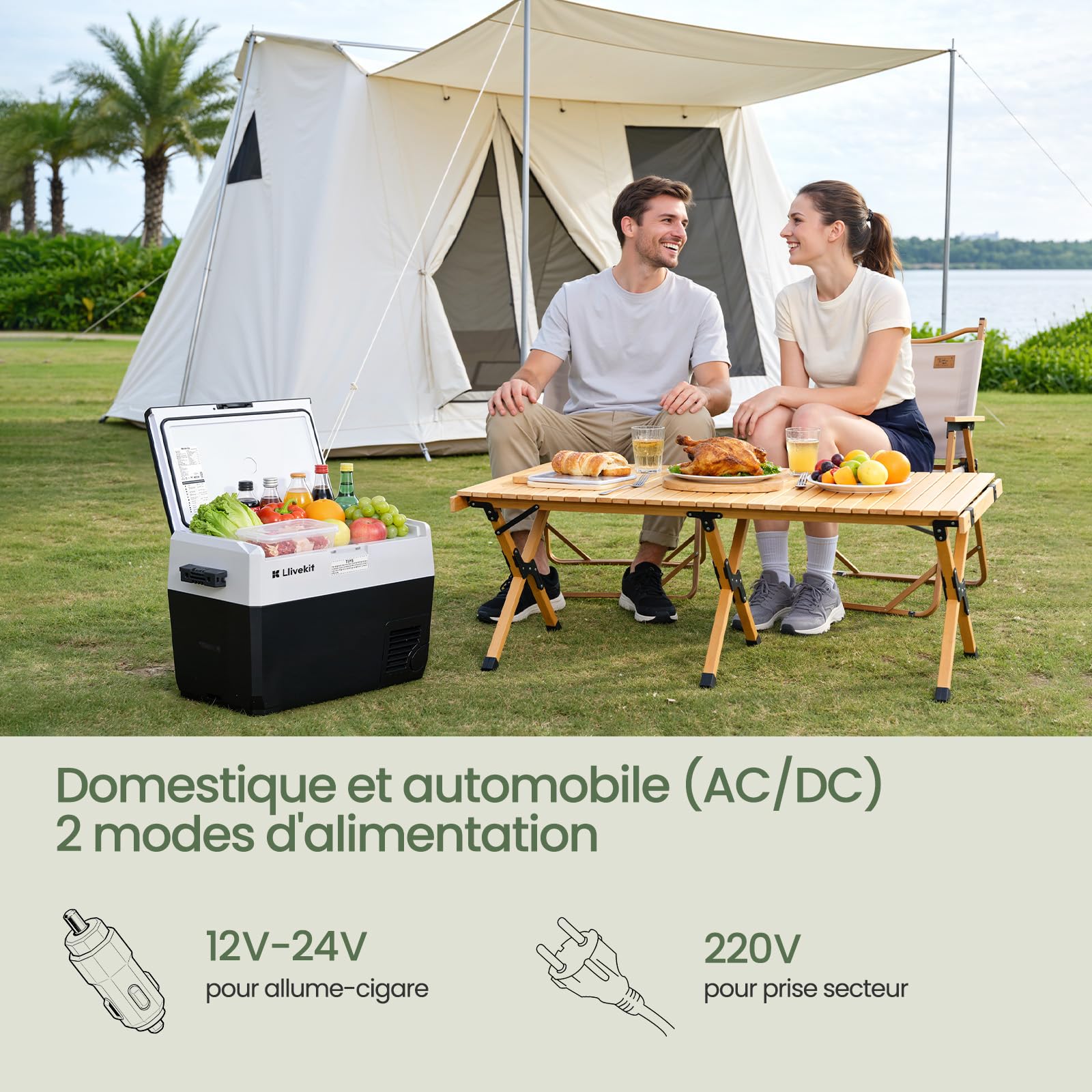 LLIVEKIT 40L Galcière Électrique à Compression, Frigo Voiture | 12/24/100-240V, pour Automobile, Camion, Camping, Bateau, Maison, avec Éclairage, Câble AC et DC, Noir