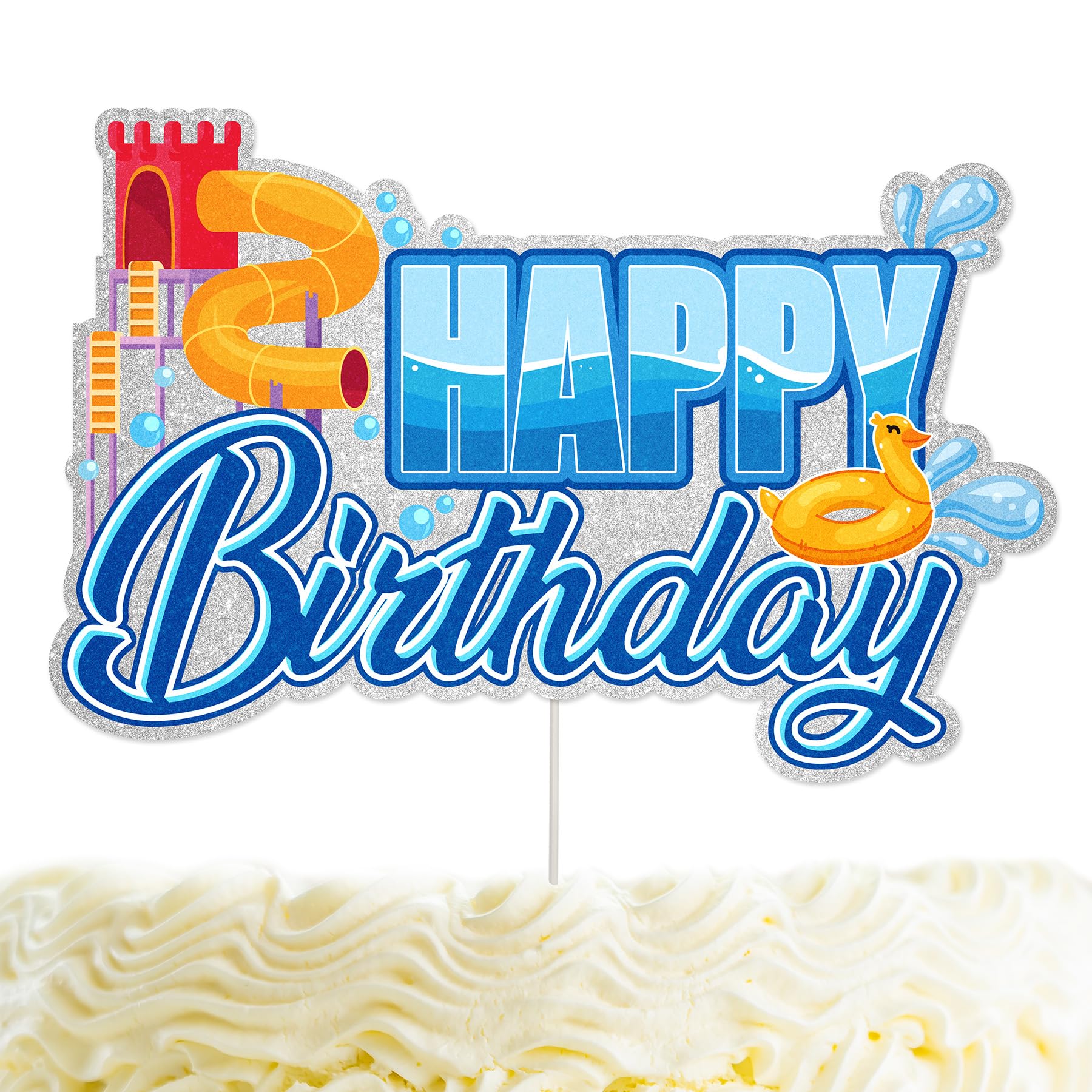 Water Slide Birthday Cake Topper - Glitter Summer Water Slide Birthday Party Decorations for Kids Boys Birthday Water Slide Themed Party Supplies