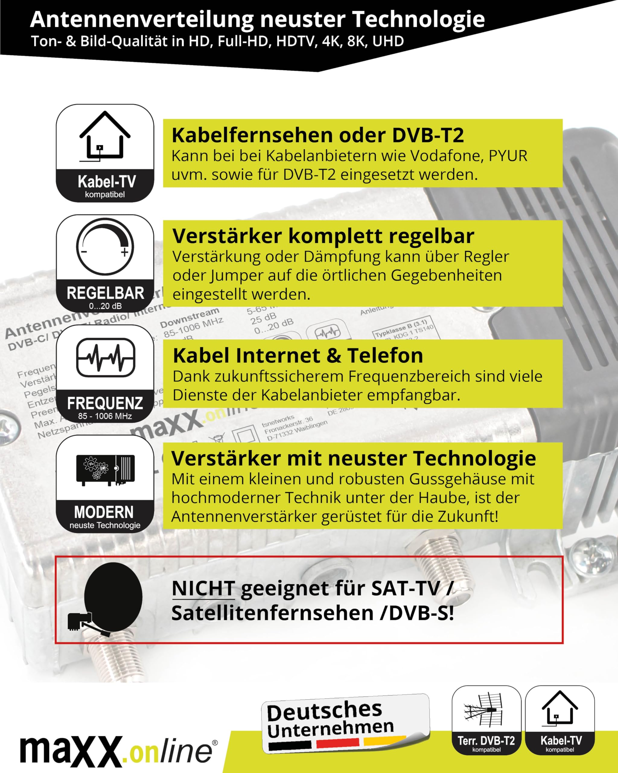 Juego de 8 participantes con amplificador de antena para televisión por cable, refuerzo de 33 dB y canal de retorno, distribuidor de cables, protección contra sobretensiones, cable de