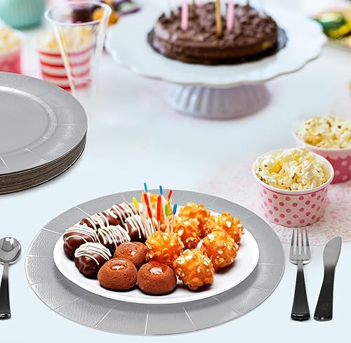 Miniatura 3 de Gift Boutique 24 platos de carga desechables redondos plateados de 13 pulgadas, bandeja de servicio de cena, platos de cartón de papel para colocar