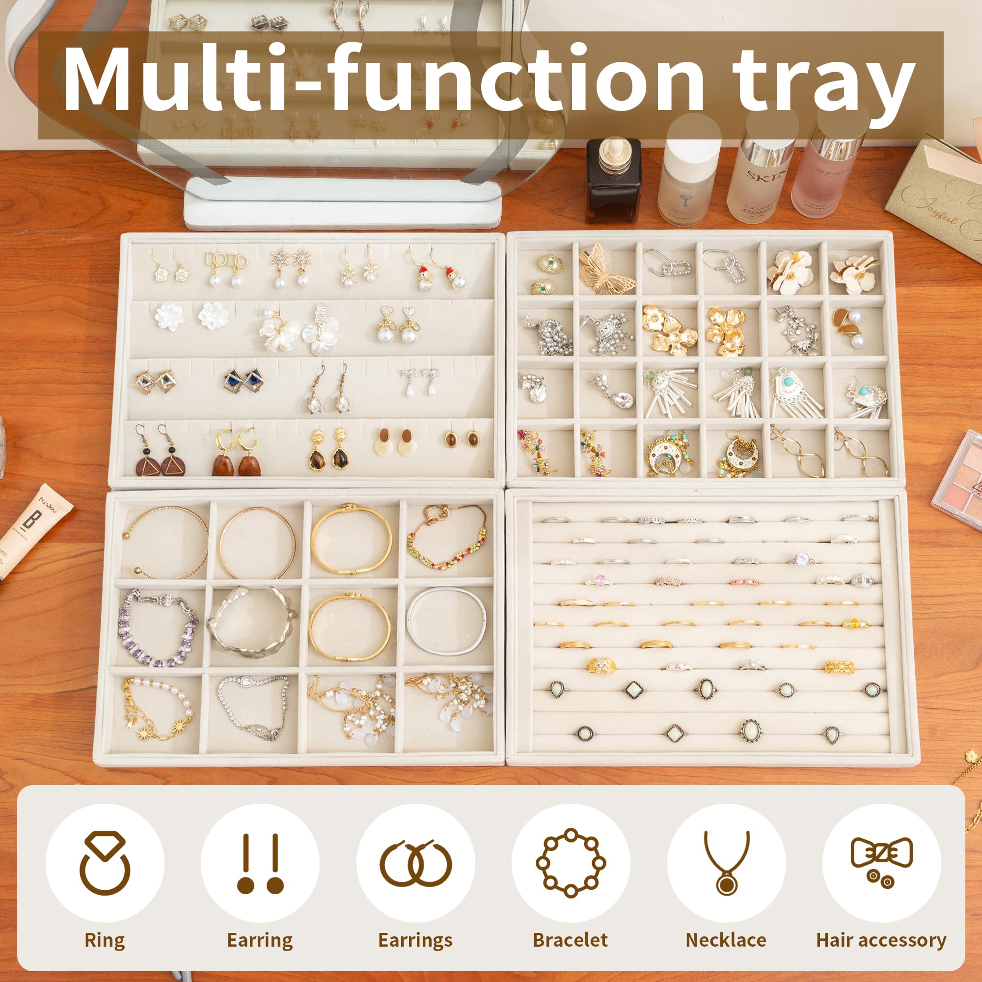 Frebeauty Organizadores de joyas apilables en terciopelo, set de 4 | Bandeja para joyas para cajones: almacenamiento apilable para pendientes (tipo botón), pulseras, collares y anillos