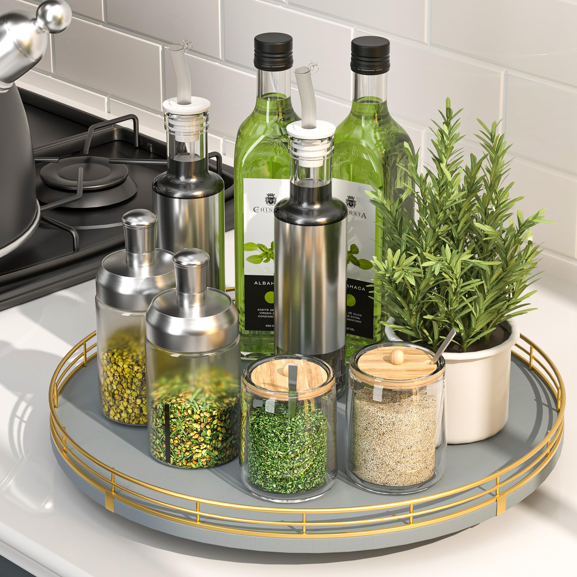 Oroyutor 13-Inch Gray Wooden Lazy Susan Spice Organizer with Gold Rail