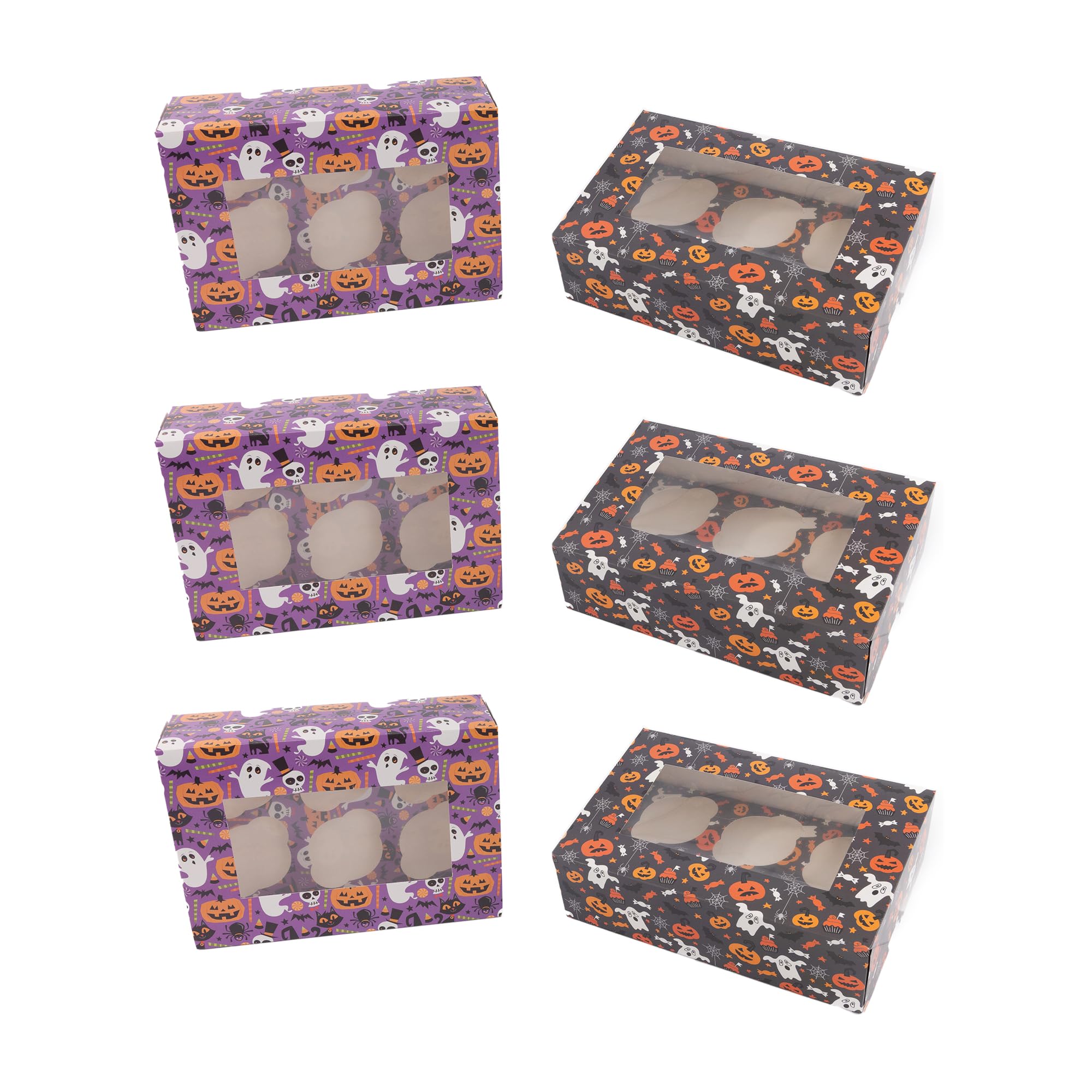 evelay Halloween Cupcake Boxes - Holds 6 Standard Cupcakes - Mixed Spooky Designs with Window & Inserts for Treats, Sweets and Chocolates (Pack of 6)