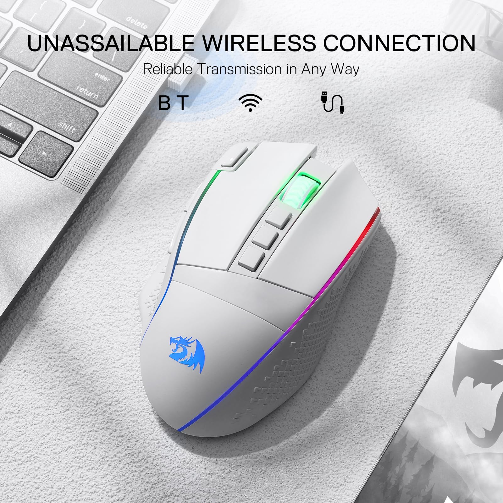 Redragon M991 Mouse Wireless 26000 DPI 3 Modalità 9 Tasti Bianco | mouse gioco wireless 26000 DPI 3 modalità tasto avvio rapido 9 tasti macro batteria RGB PC Mac bianco