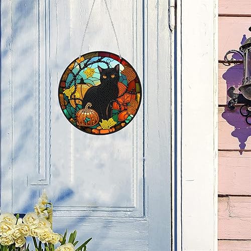 Miniatura 4 de LUSandy DIY 5D Halloween Calabaza Gato Diamante Kits de Pintura de Diamantes Cartel Colgante Letrero Arte de Pared Gato Diamante Arte Suncatcher