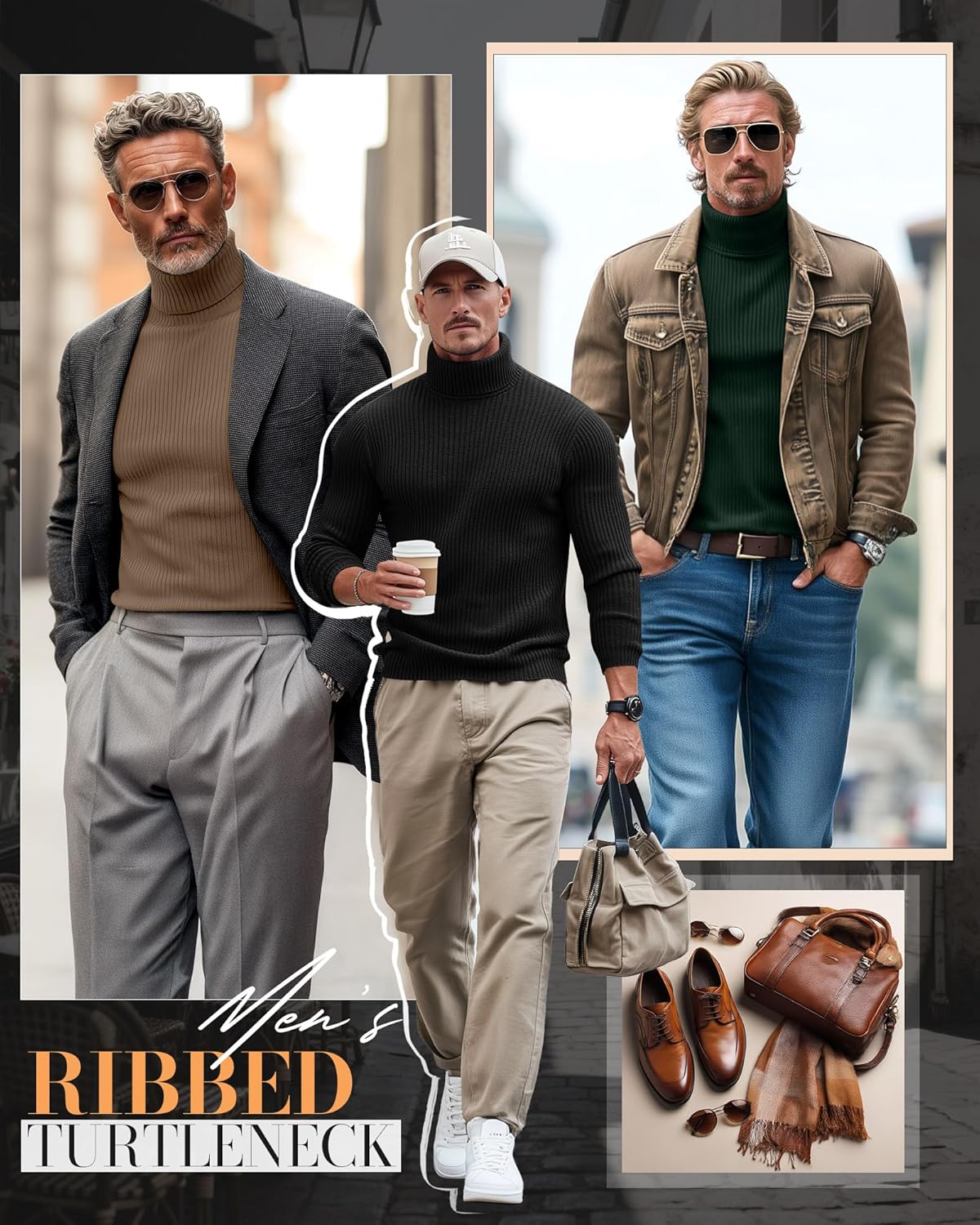 3 Pack Men's Ribbed Turtleneck Shirts, Long Sleeve Mock Neck Lightweight Pullover Sweaters Knit Base Layer Tee Tops - Image 2