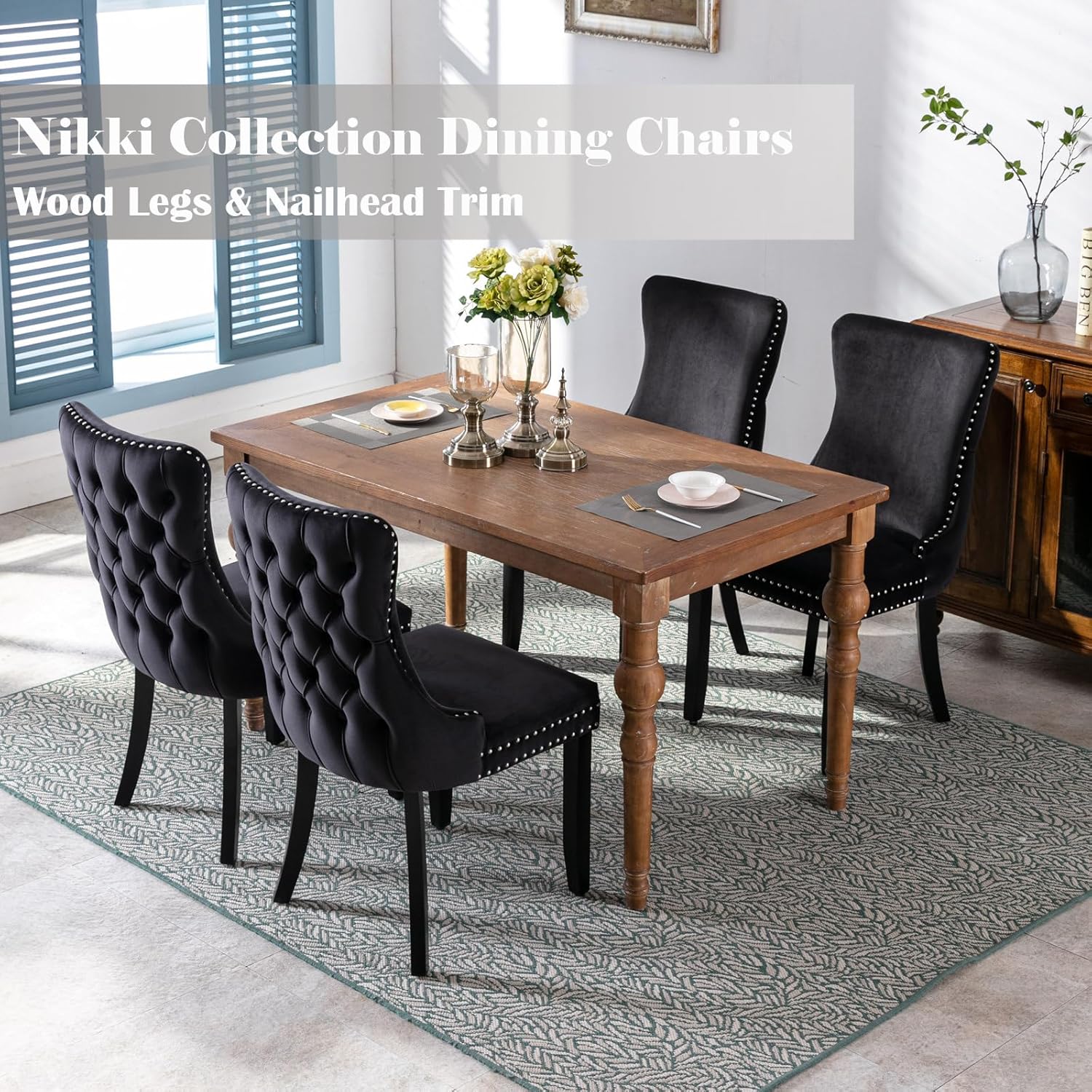 Black Velvet Wingback Dining Chairs with Solid Wood Legs, Set of 2