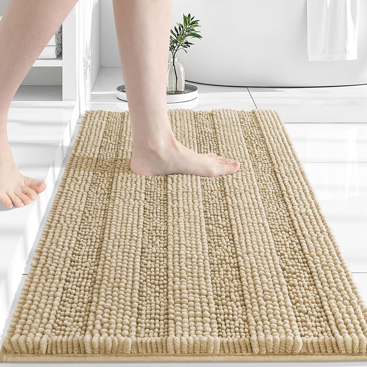 Grandaily Chenille Striped Bathroom Rugs 30x20, Extra Thick and Absorbent Bath Mats, Non-Slip Soft Plush Shaggy Shower Carpet, Machine Wash Dry, Bath Rug for Bathroom, (Medium, Beige) 30" x 20" Beige
