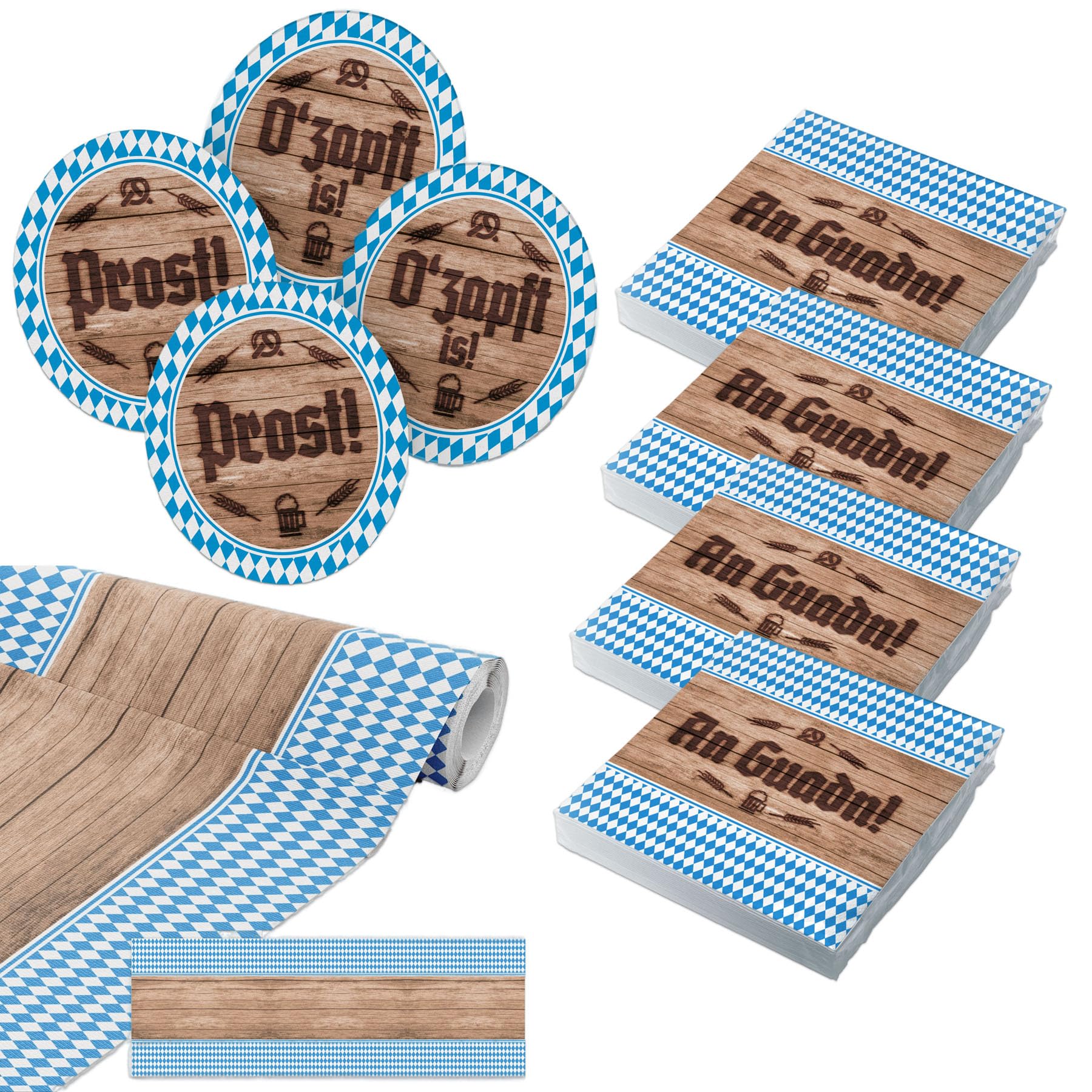 itenga Set bayrische Deko blau weiß - Tischläufer Servietten und Bierdeckel Schee dass'd do bist/An Guadn 30 x 30cm 3-lagig 20 Stück für Oktoberfest Grillfeste und andere Feiern