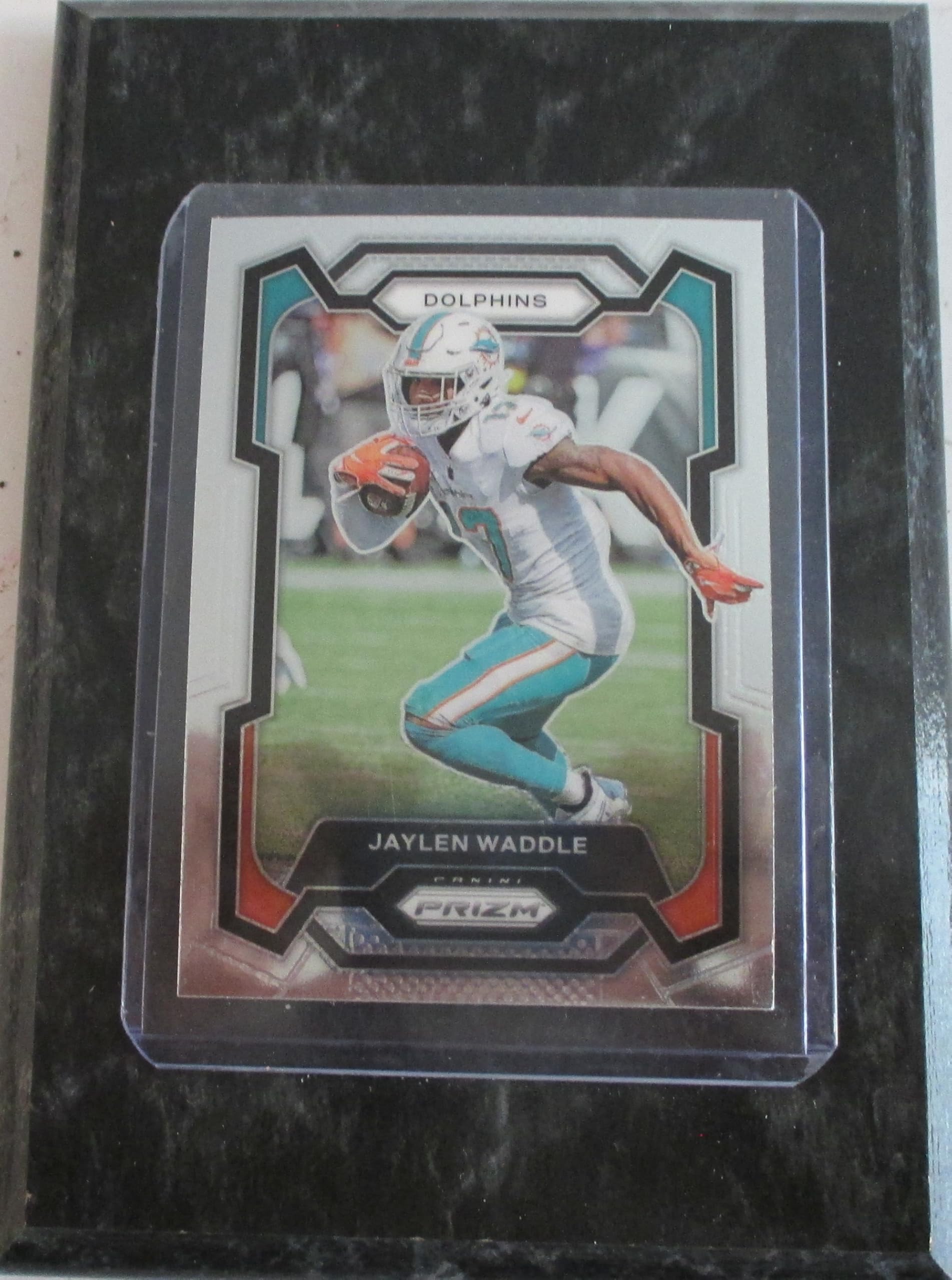 JAYLEN WADDLE MIAMI 2023 PRIZM FOOTBALL COLLECTIBLE PLAYER CARD MOUNTED ON A "4 X "6 BLACK MARBLE PLAQUE