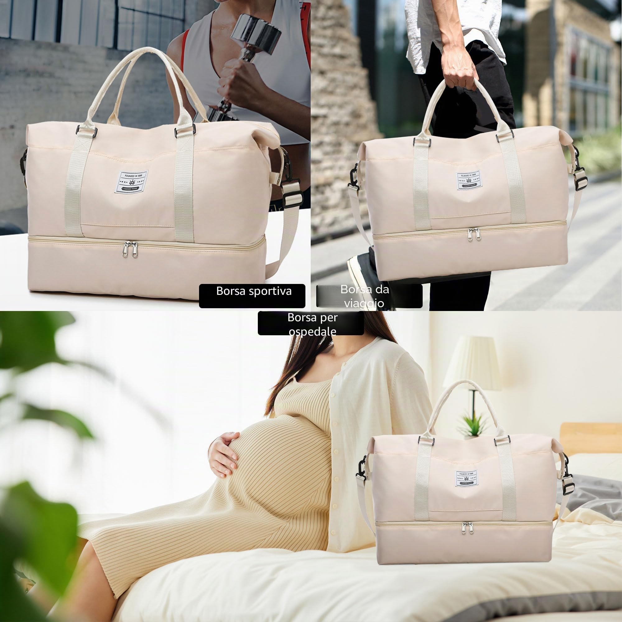 Borsoni Borsone da Viaggio Donna Borsa Palestra Bagaglio a Mano Borsa da Viaggio Sportiva Tote Gym Borsa Ospedaliera Capacità Grande Impermeabile Pieghevole per Uomo e Donna (Beige)