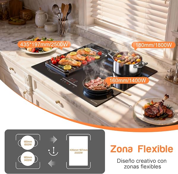 NOXTON Placa induccion 4 fuegos con Zona flexible, indduccion 60 cm, Temporizador, Cierre de seguridad, Indicación de temperatura residual, Bloqueo de seguridad, 220 V~240 V, 3500 W, Con enchufe - 2