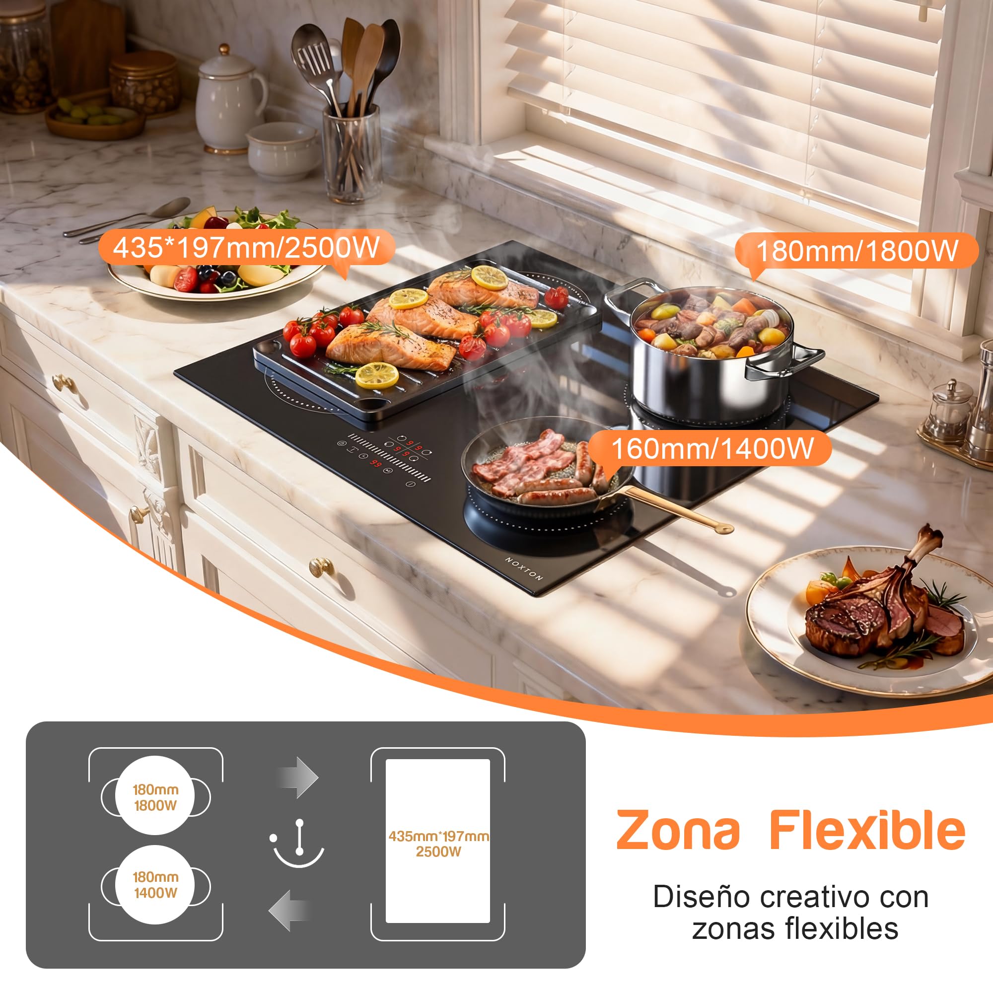 NOXTON Placa induccion 4 fuegos con Zona flexible, indduccion 60 cm, Temporizador, Cierre de seguridad, Indicación de temperatura residual, Bloqueo de seguridad, 220 V~240 V, 3500 W, Con enchufe — view 2