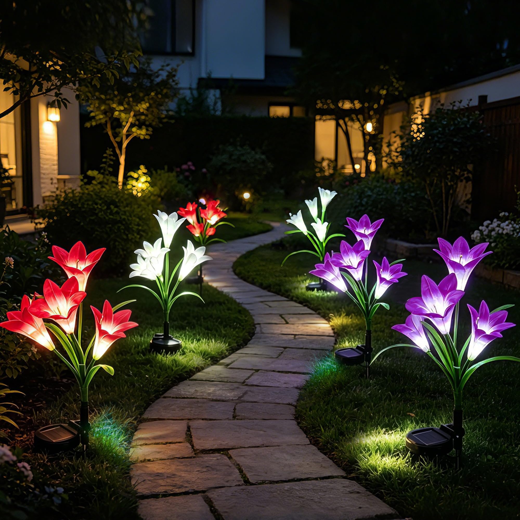 Innvist Solar Flower Lights Outdoor Garden, 6 Pack Solar Lily Flower Lights, IP65 Waterproof 7-Color Changing Garden Ornaments Outdoor for Lawn Patio Porch Yard Pathway Cemetery Decoration