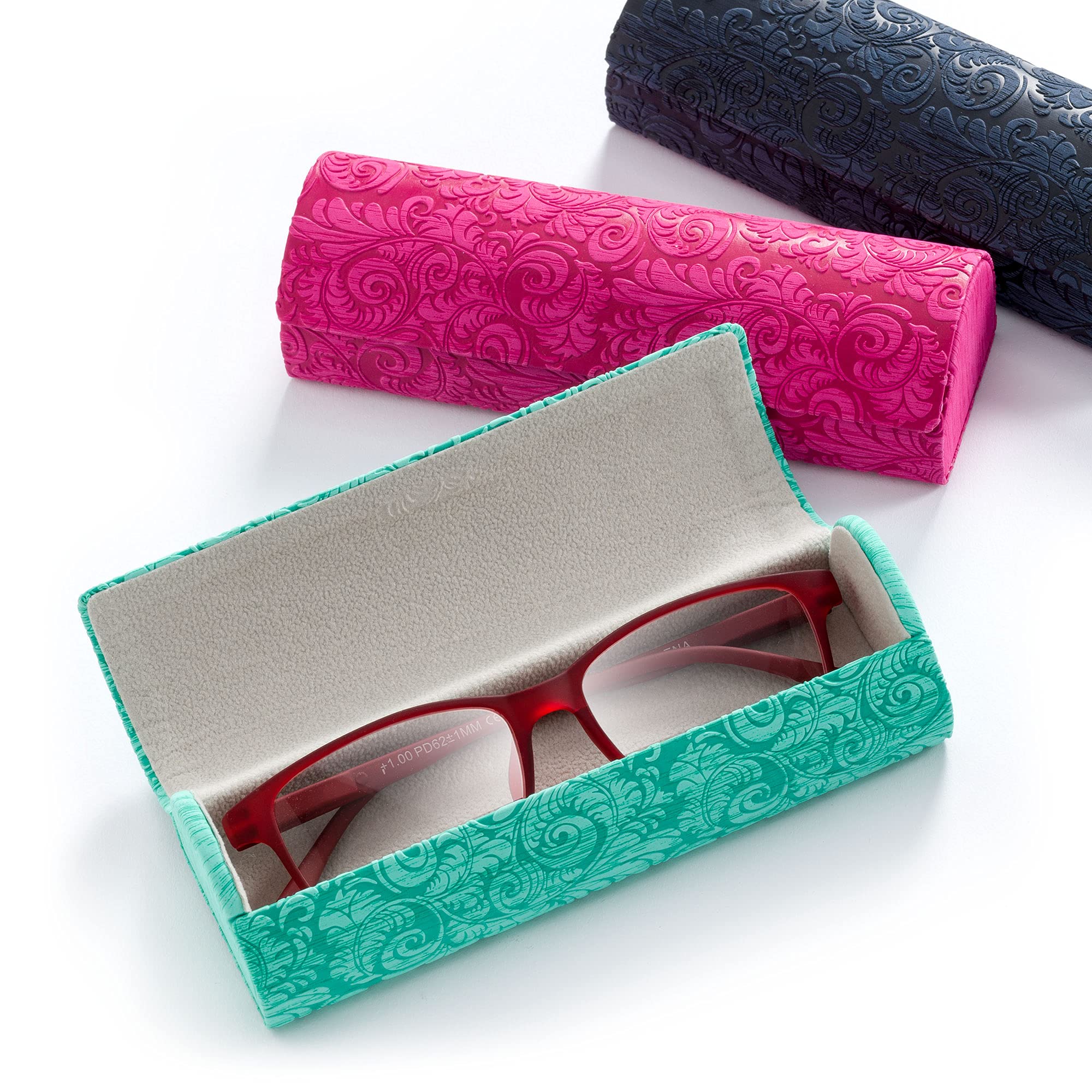 FEFI - Étui à lunettes rigide solide avec motif floral en relief., bleu nuit, M