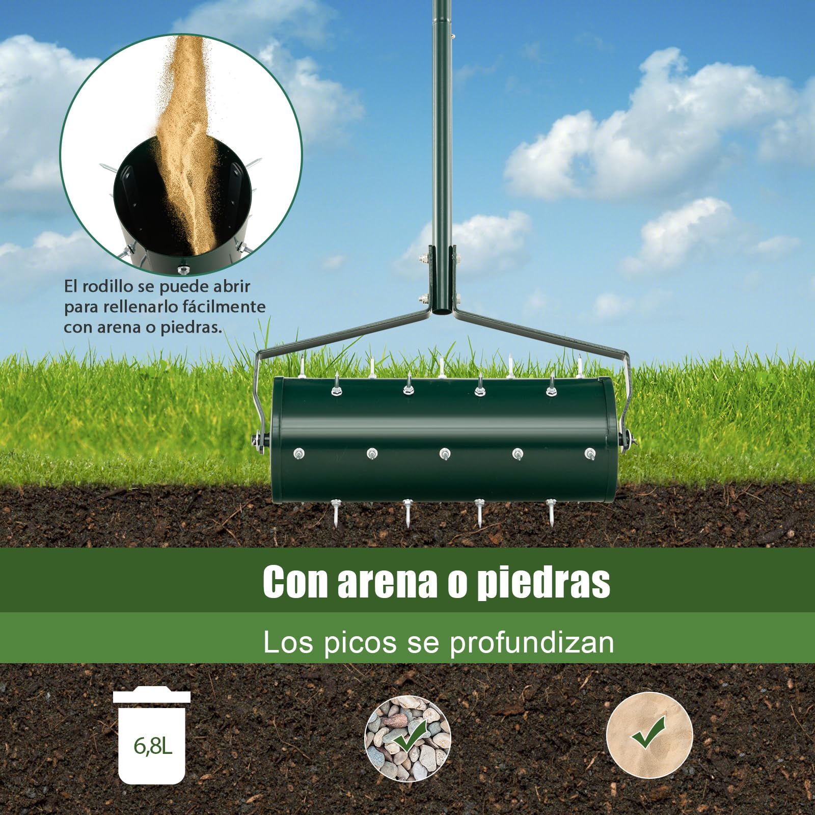 SOARS Rodillo para aireación de césped, aireador de césped con clavos de 3,5 cm y mango, escarificador manual rellenable, rodillo de jardín, rodillo manual de metal de alta calidad, ideal para el