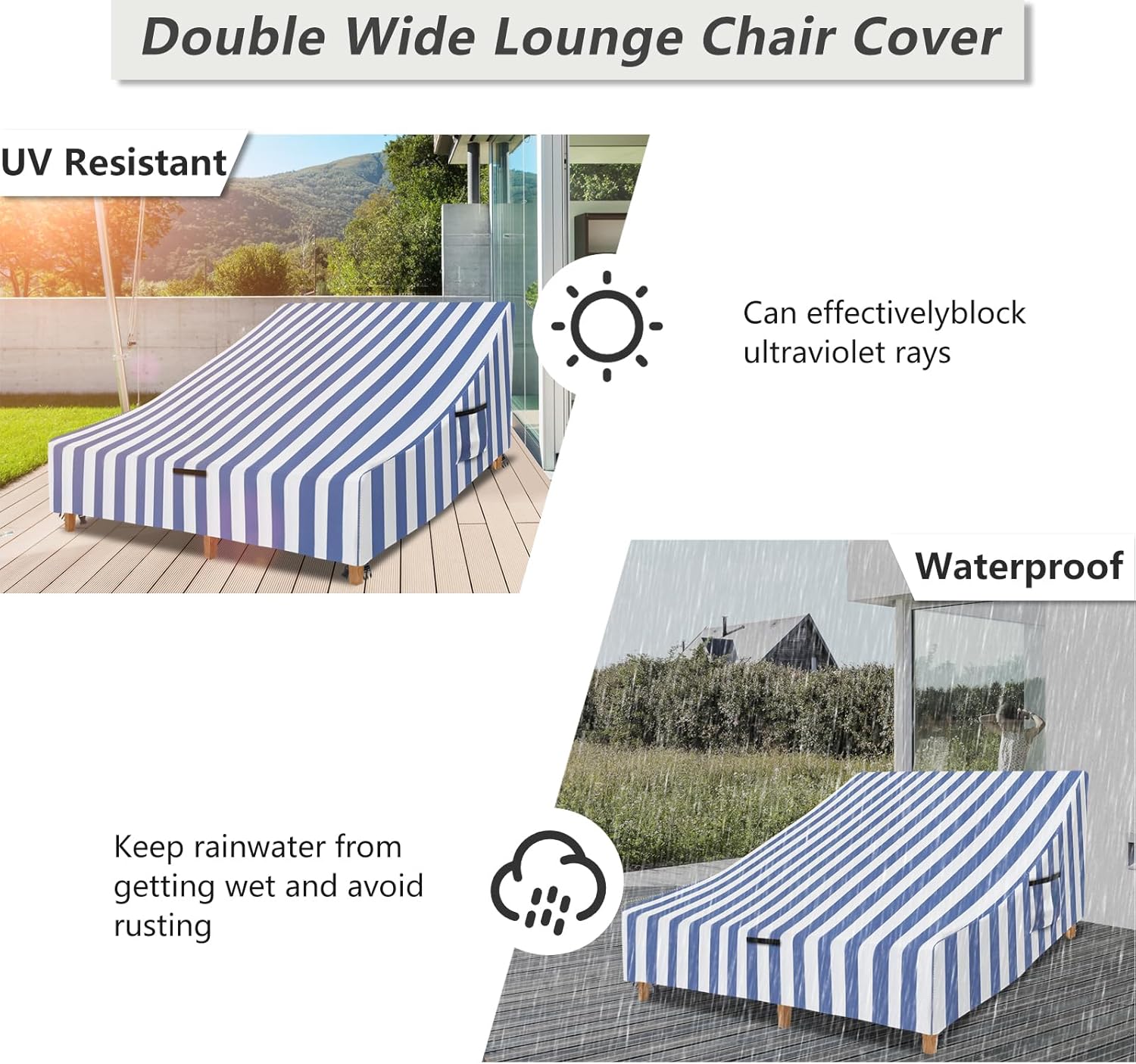 Waterproof Double Chaise Lounge Cover,600D Heavy Duty 82Inch Double Wide Patio Chaise Lounge Chair Covers-Blue