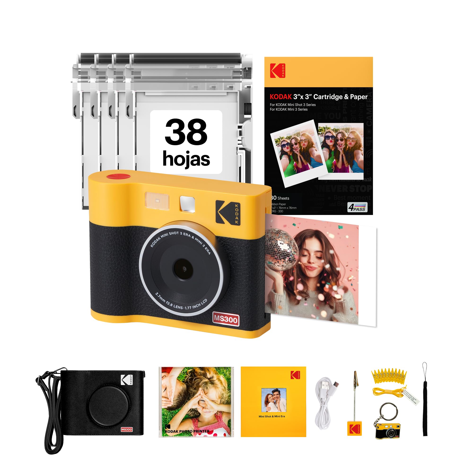 KODAK Mini Shot 3 ERA 4PASS 2-en-1 Cámara Instantánea e Impresora de Fotos (7,6x7,6cm) (Cámara + Pack de Regalo con 68 Hojas (8 Hojas Iniciales + 60 Hojas), Amarillo)