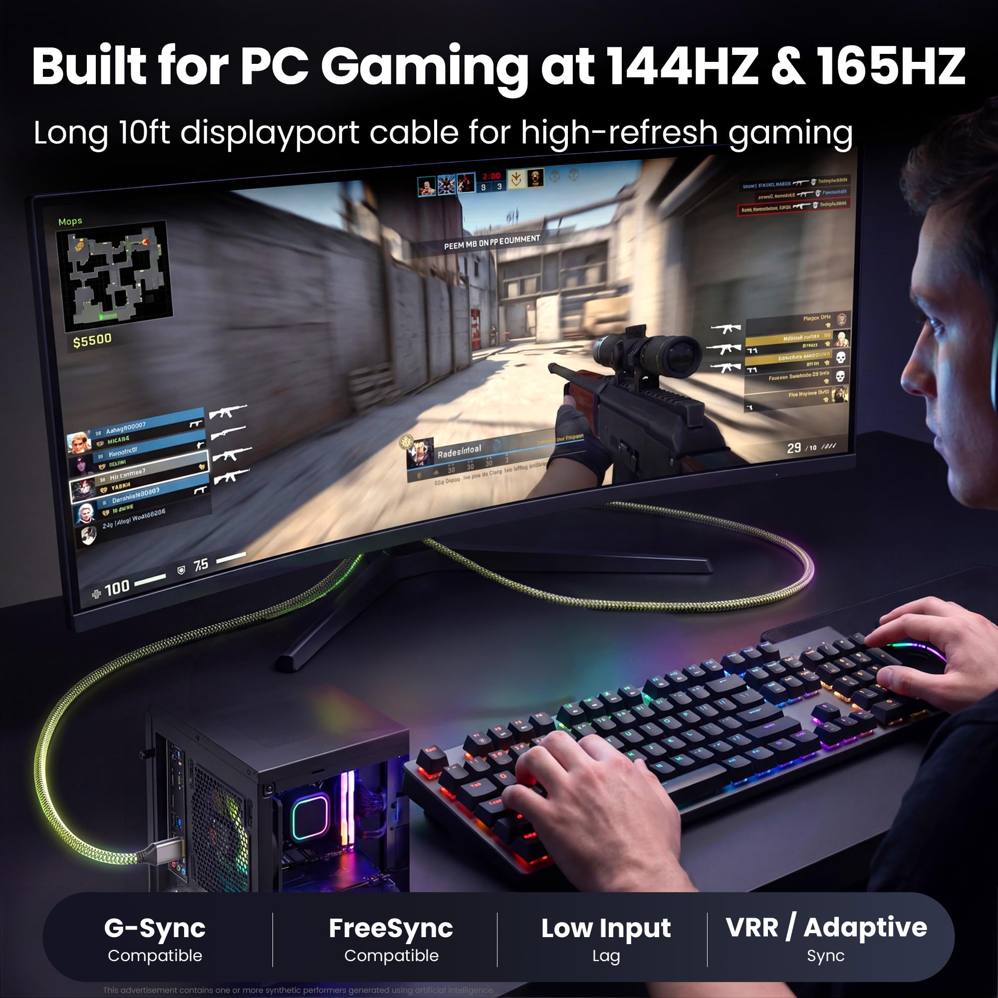 GearIT Lot de 5 câbles DisplayPort vers DisplayPort 1.4 (8K @ 60 Hz, 4K @ 144 Hz, 2K @ 165 Hz), 5 m