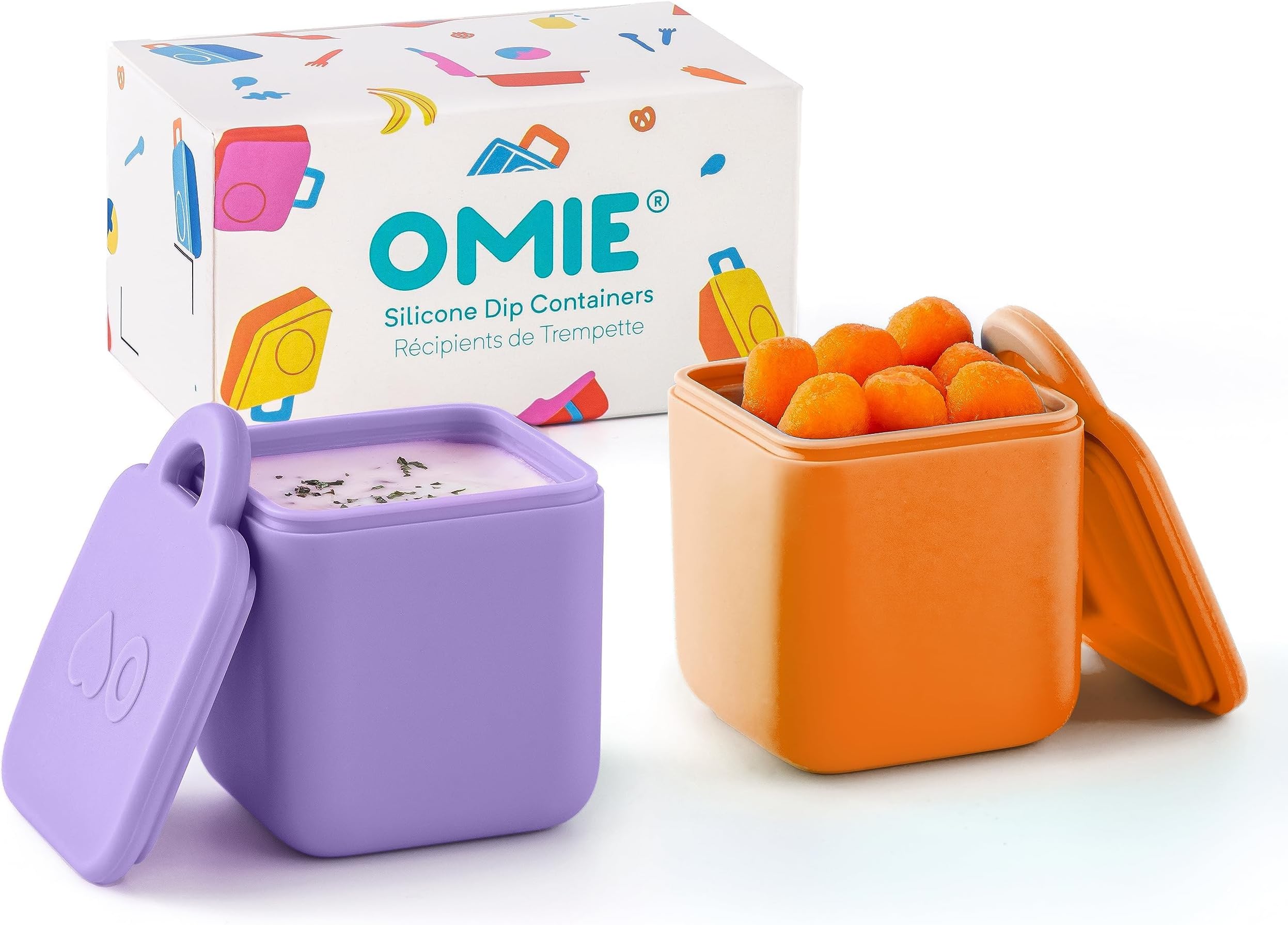 Omie OmieBox (2 Pack) Leakproof Dips Containers to Go, Salad Dressing Container, Condiment Container with Lids - Food Safe Silicone - 4 Ounces (Purple/Orange)