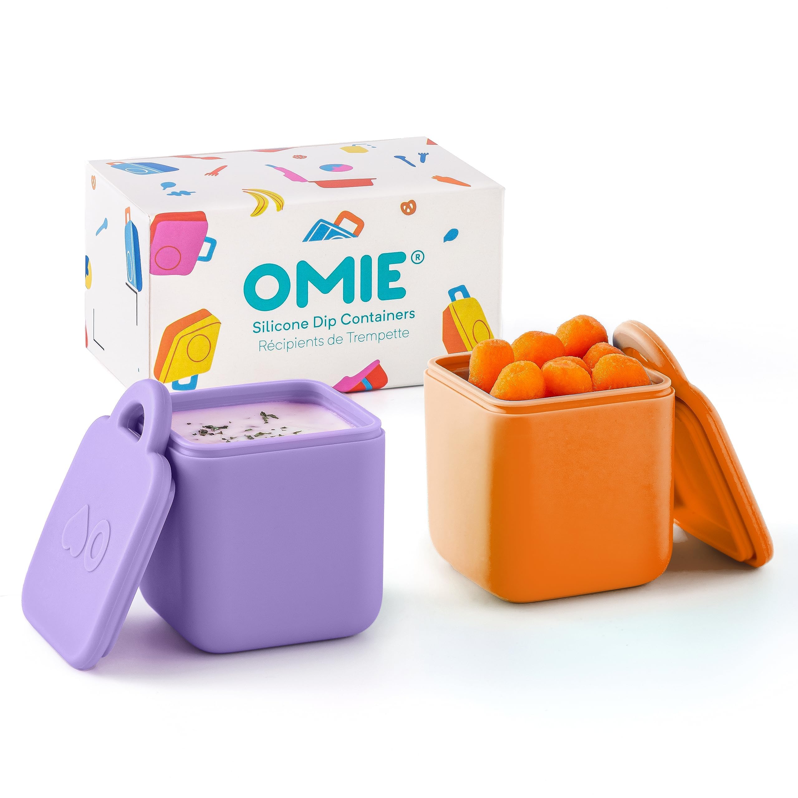 Omie OmieBox (2 Pack) Leakproof Dips Containers to Go, Salad Dressing Container, Condiment Container with Lids - Food Safe Silicone - 4 Ounces (Purple/Orange)