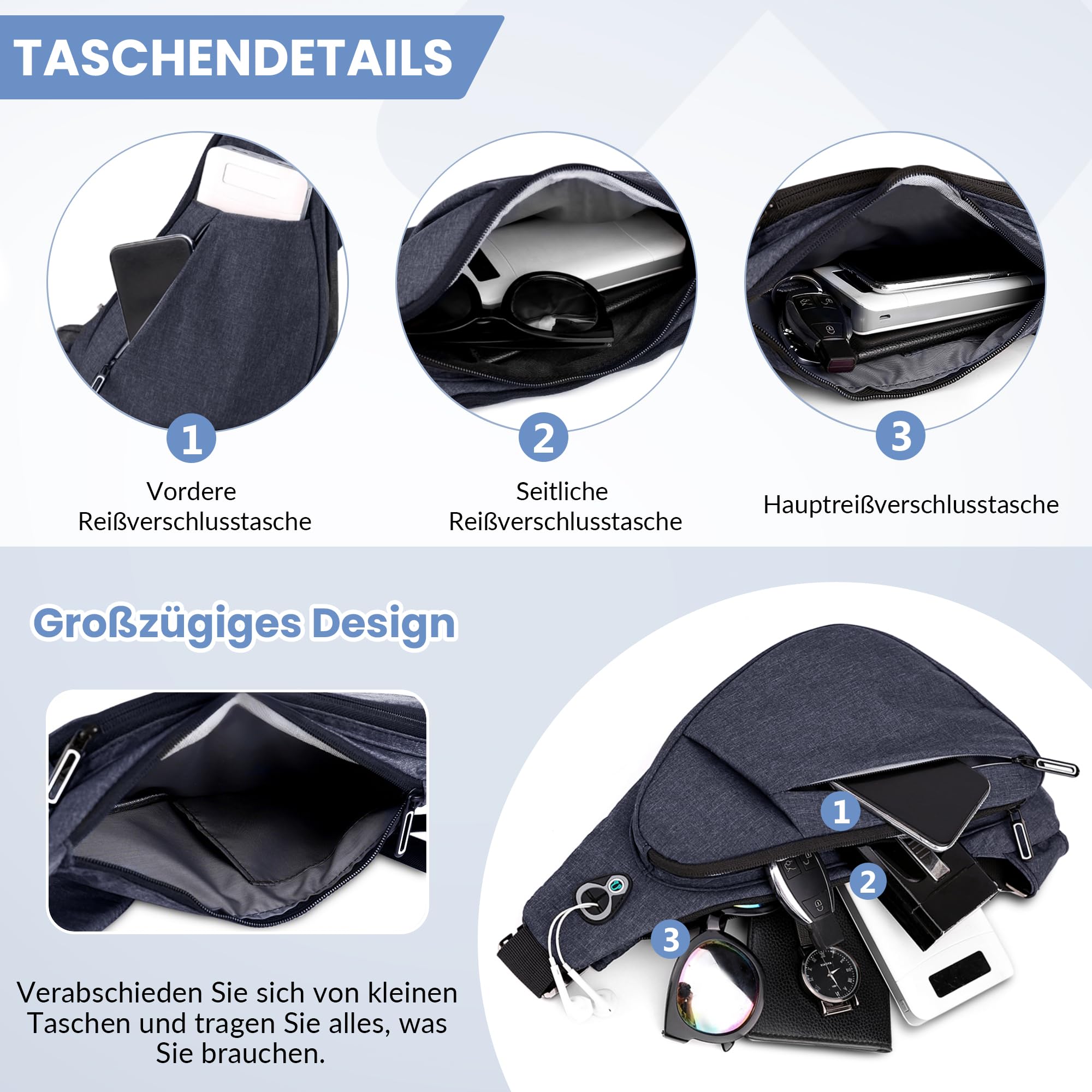 VARLIVOO Brusttasche Herren, Wasserdicht Leichte Umhängetasche Klein, Sling Bag Anti Diebstahl für Reisen Wandern Sport Blau B