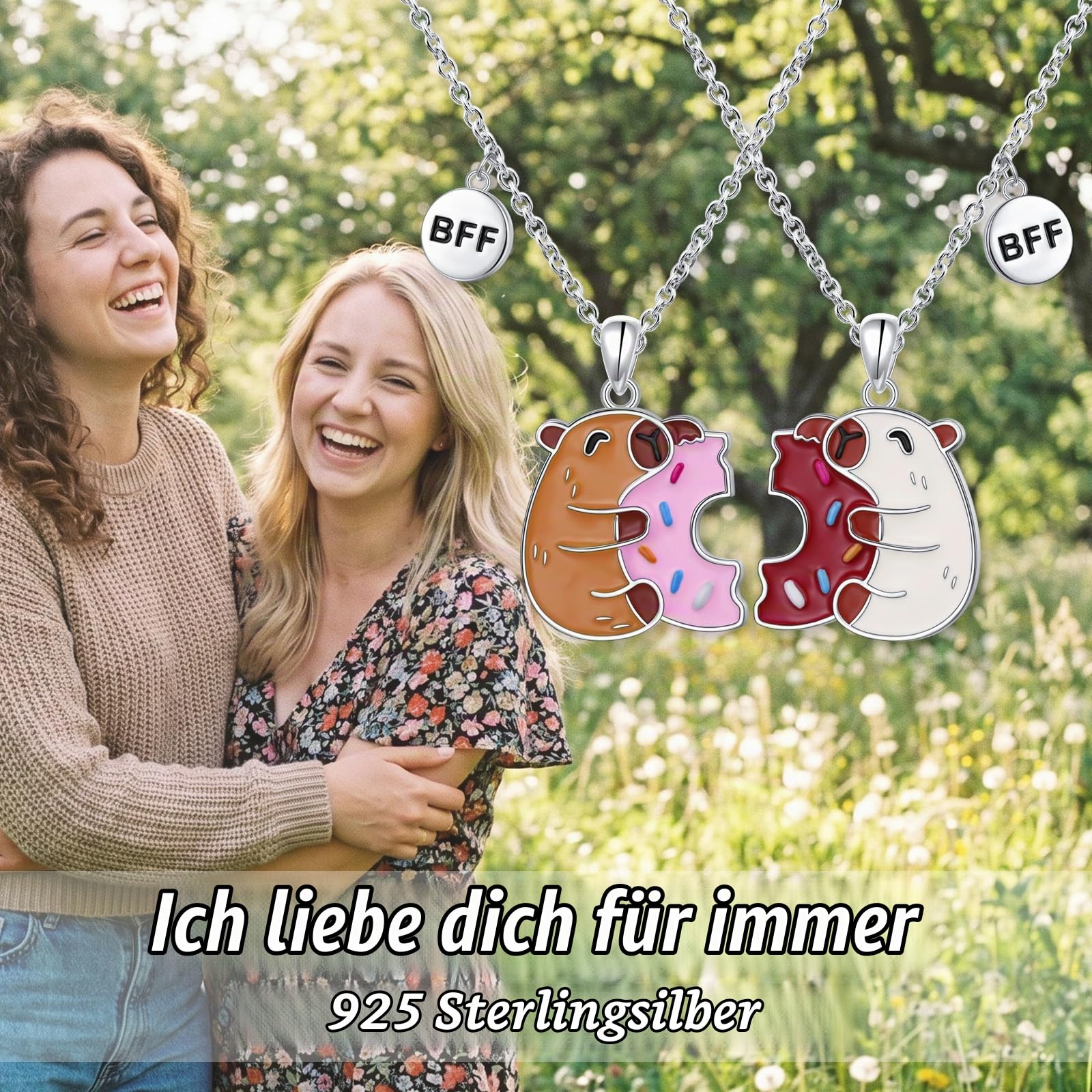Capybara Freundschaftskette 925 Sterling Silber Niedliche Donut Capibara BFF Passende Anhänger Halskette Set für 2 Mädchen Hypoallergenic Capybara Freundschaftsschmuck Geschenk für Beste Freunde
