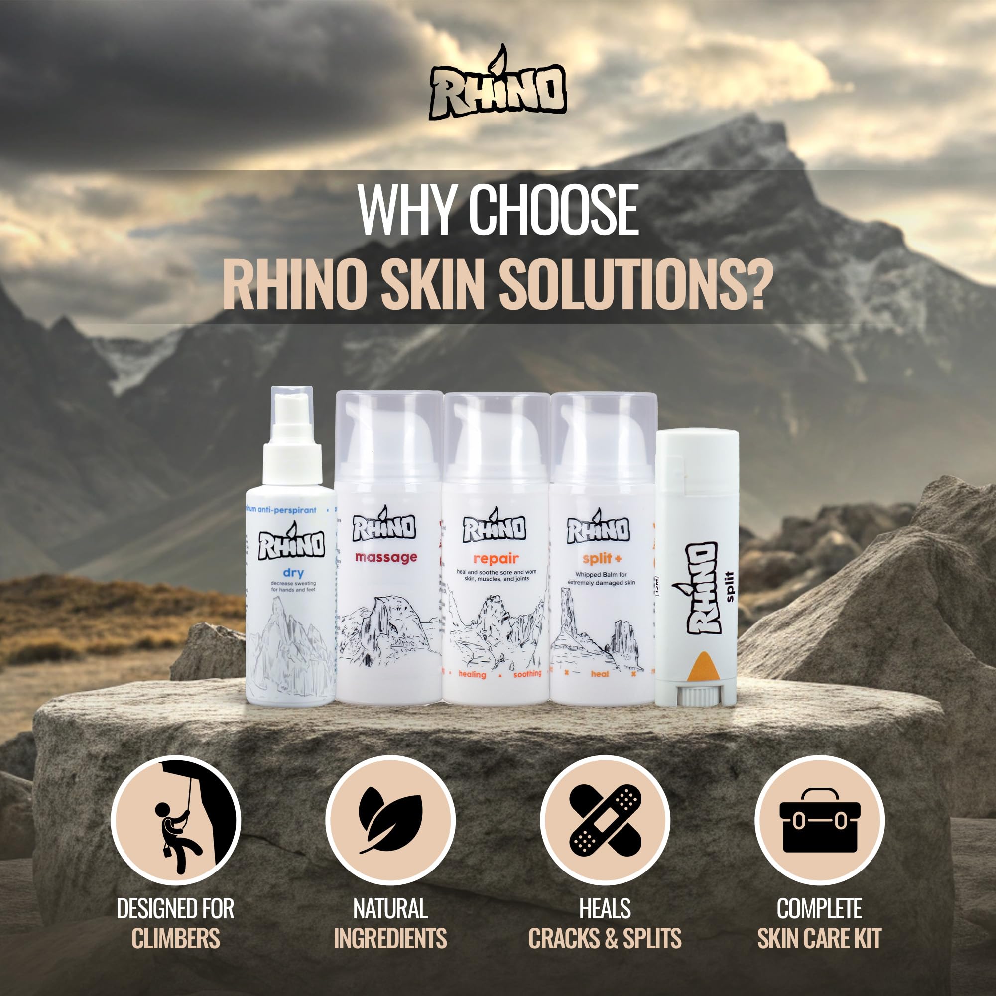 Rhino Skin Starter Kit Bundle – Climbing Skincare 5-teiliges Set mit Handcreme, Lotion, Conditioner, Antitranspirant und Balsam | Für trockene und rissige Hände | Handcremes in Reisegröße mit