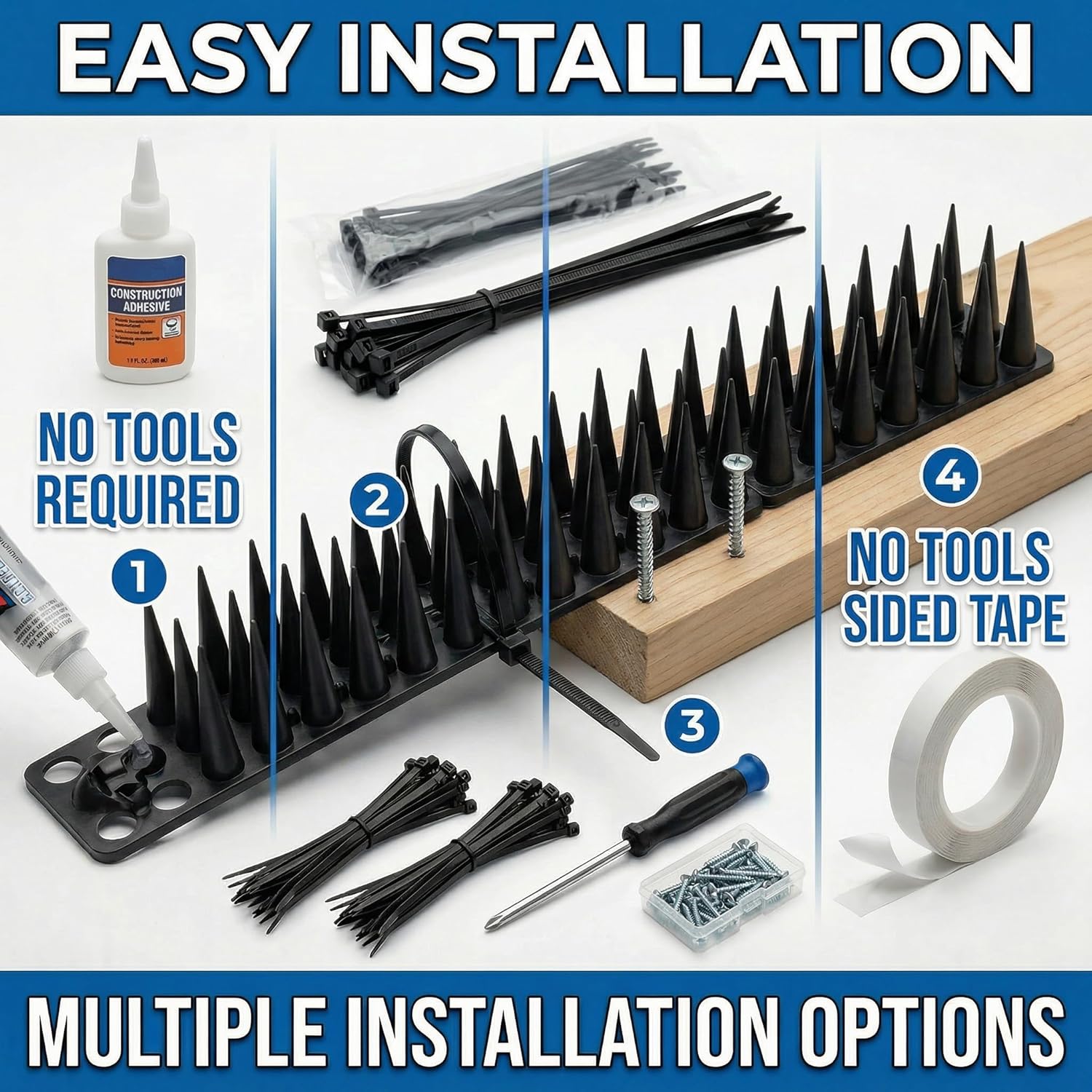 Bird & Animal Deterrent Spikes, 20 Packs Outdoor Plastic Spike Strips for Roof, Ledges, Fence, Walls & Railing, Humane Squirrel, Raccoon & Pigeon Barrier, 20 FT Coverage, Black