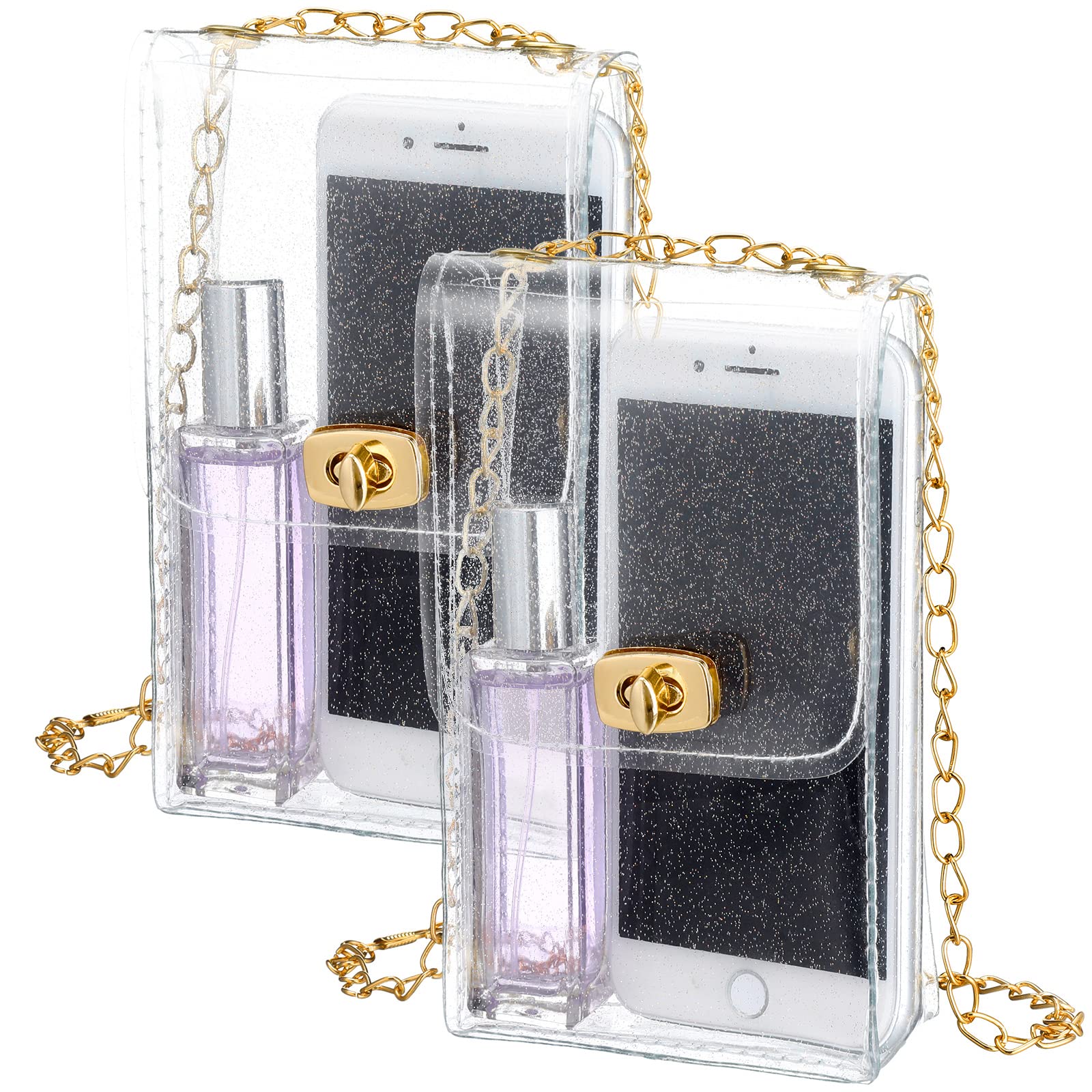 2 Pcs Clear Bag Stadium Approved Small Clear Purses PVC Plastic Bag for Women Men Sporting Concert(Gold Glitter, Simple Style)