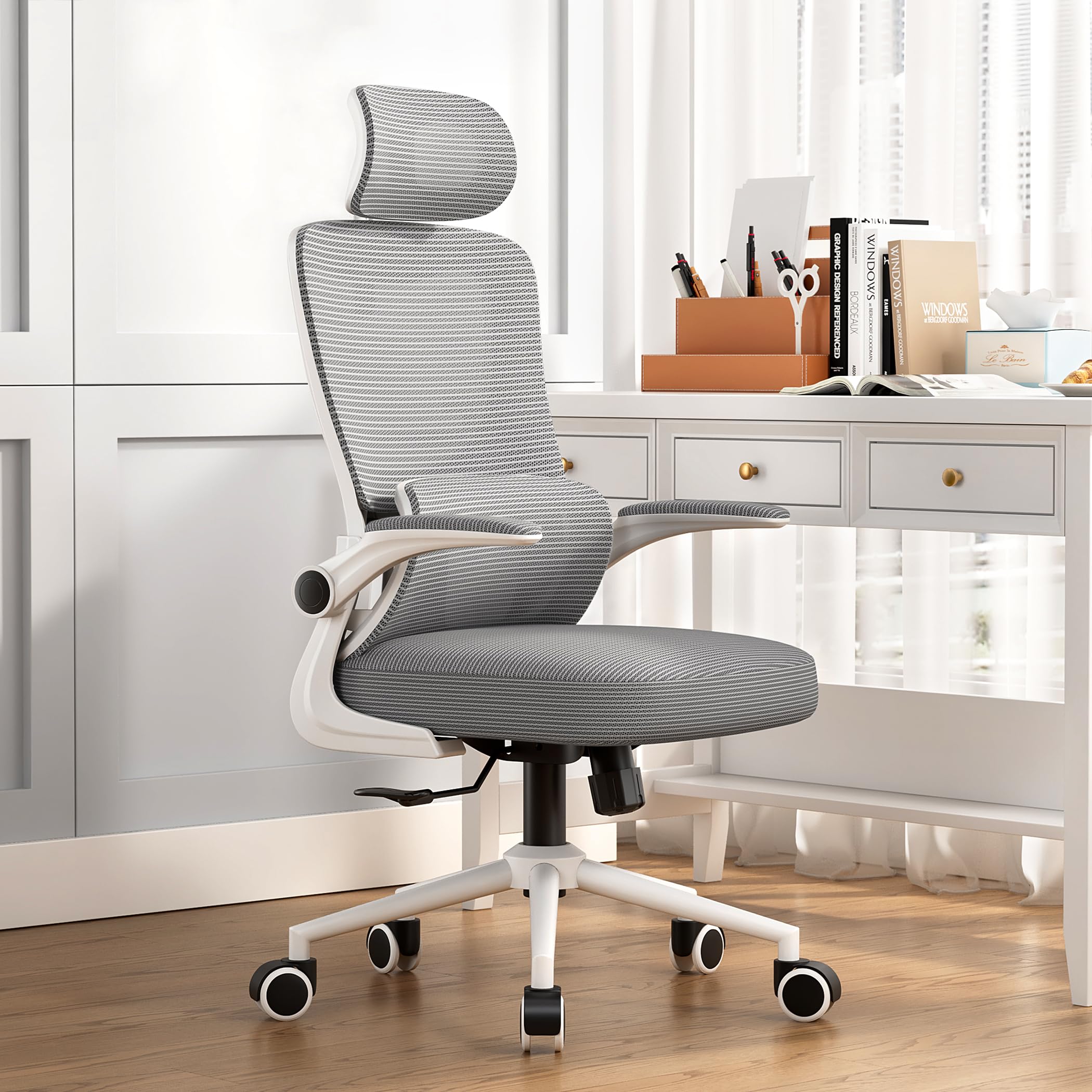 LIYURUI Silla de Oficina Ergonomica, Grande y Alta con reposabrazos Plegables, Soporte Lumbar Ajustable Silla Escritorio, Silla Oficina ergonómica para Uso Doméstico, Capacidad de Carga 150KG