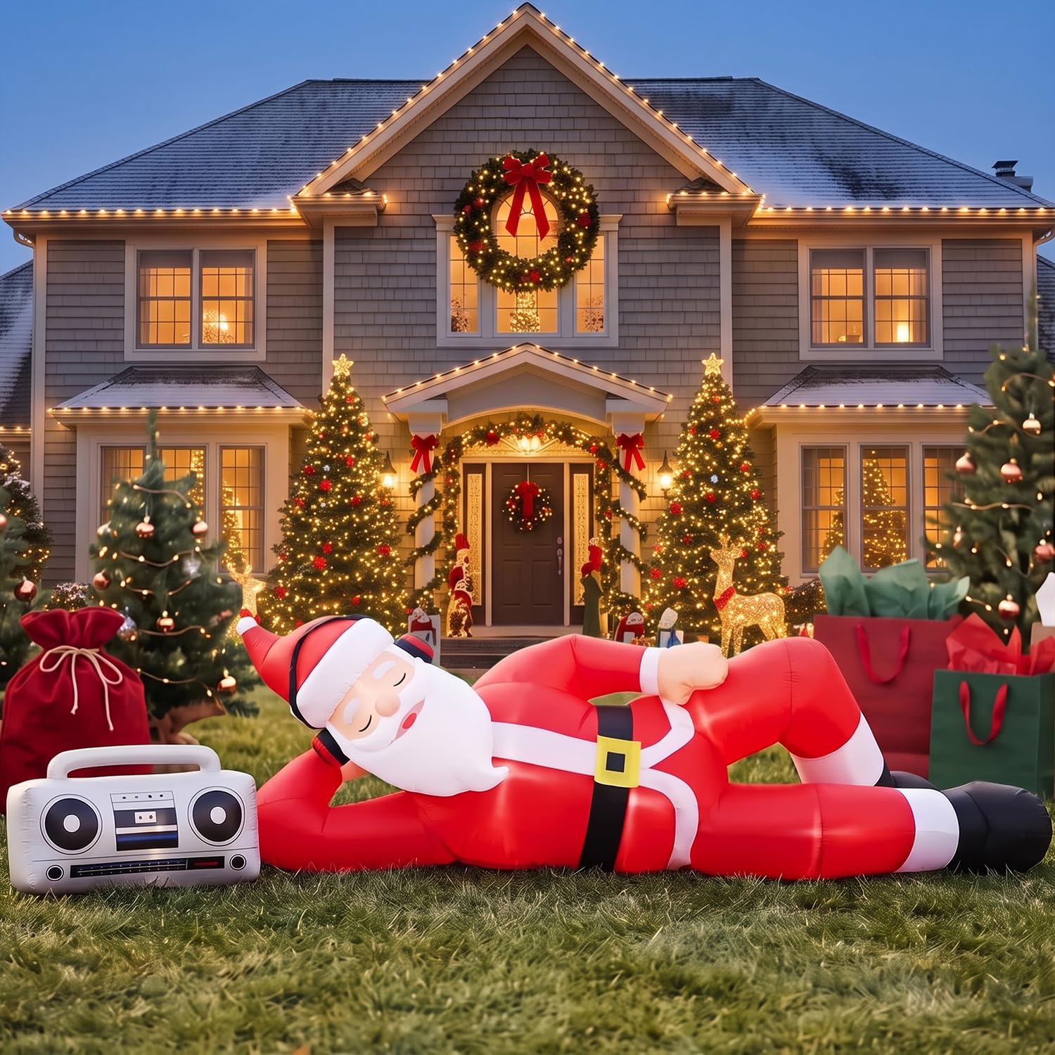 12FT Listening to Music Inflatable Santa Claus with Christmas Tree, LED Lights for Holiday Outdoor and Indoor Yard Decoration — image 1