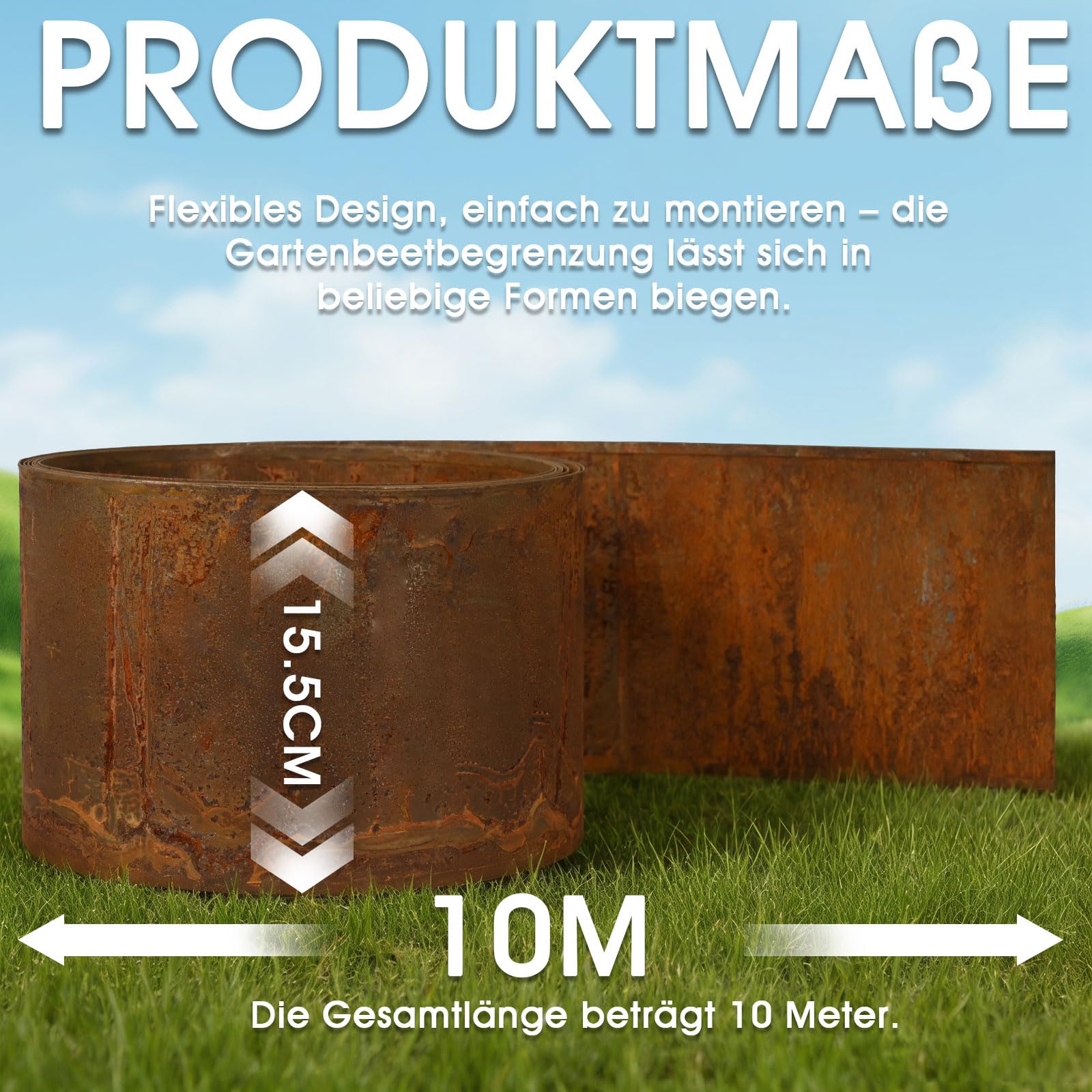 Rasenkante Metall 10 m x 15,5 cm Cortenstahl Beeteinfassung Beetumrandung Rostoptik Rasenkanten, Biegbare Rasenkante für Rasen, Beete, Kiesflächen und Wege (rostoptik 10 m)