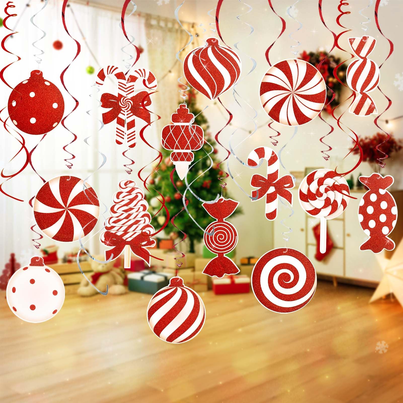 Decoraciones de Navidad para el hogar, 36 piezas de decoraciones colgantes de caramelo, dulces de Navidad, remolinos colgantes de techo para árbol, hogar, decoración de vacaciones de invierno,