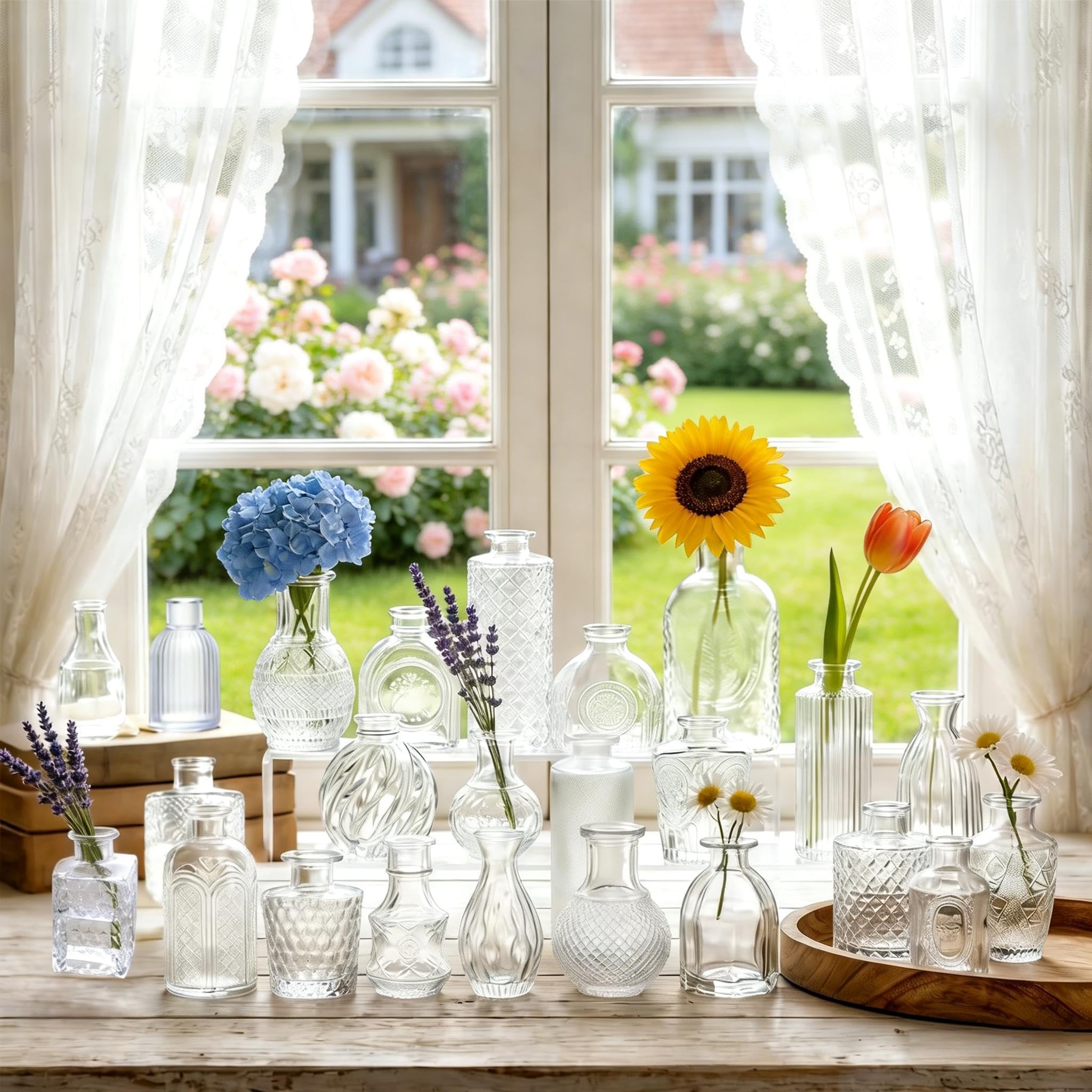 24 Stück Mini Vasen Set aus Glas,Vintage Blumenvasen,Väschen | kleine vasen für tischdeko für Tischdeko Ideal für Hochzeitstischdeko, Geburtstag,Wohnzimmer, Büro