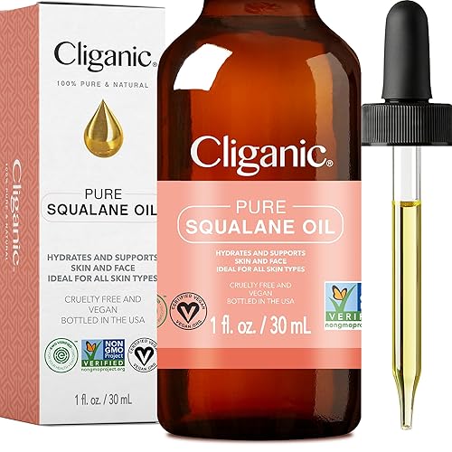 Cliganic Aceite de escualano puro para piel y cabello (1 onza), humectante facial natural derivado de plantas con verificación sin OMG