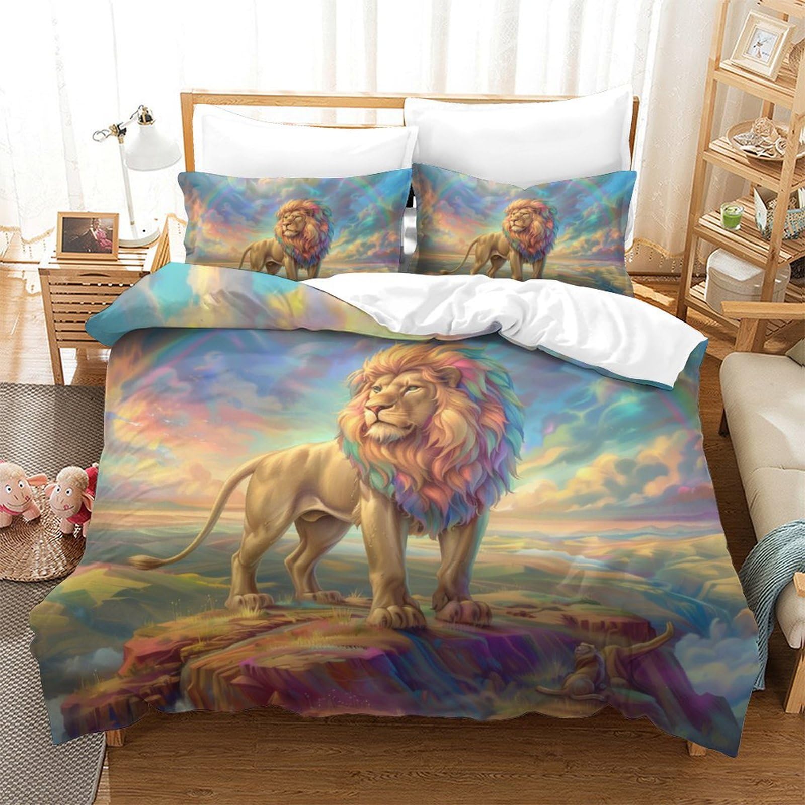 Parure de lit lion 3D 3 pièces housse de couette 220x240 fermeture éclair King