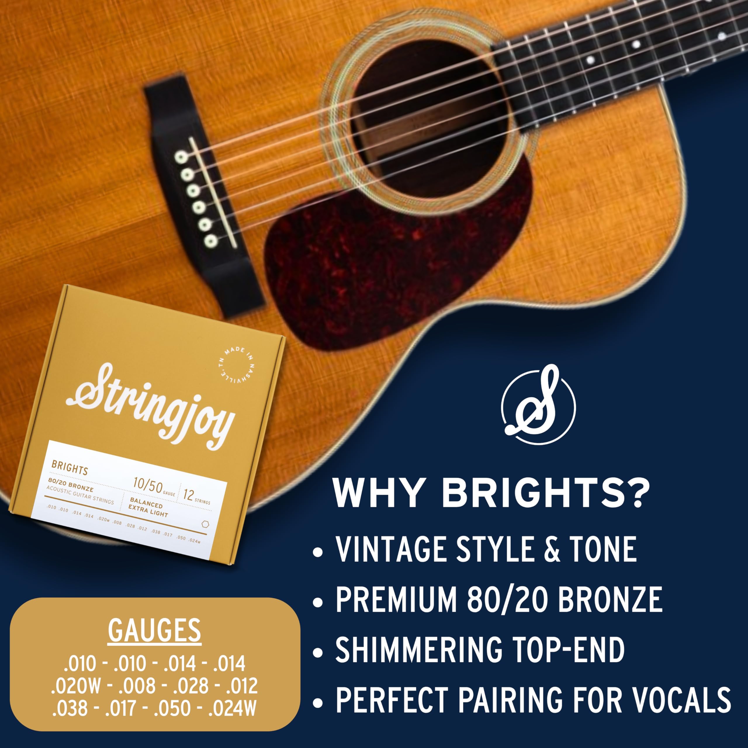 Stringjoy BB1024 - Corde per chitarra acustica a 12 corde luminose, 80/20, in bronzo, (calibro extra leggero a 12 corde, 10-50)