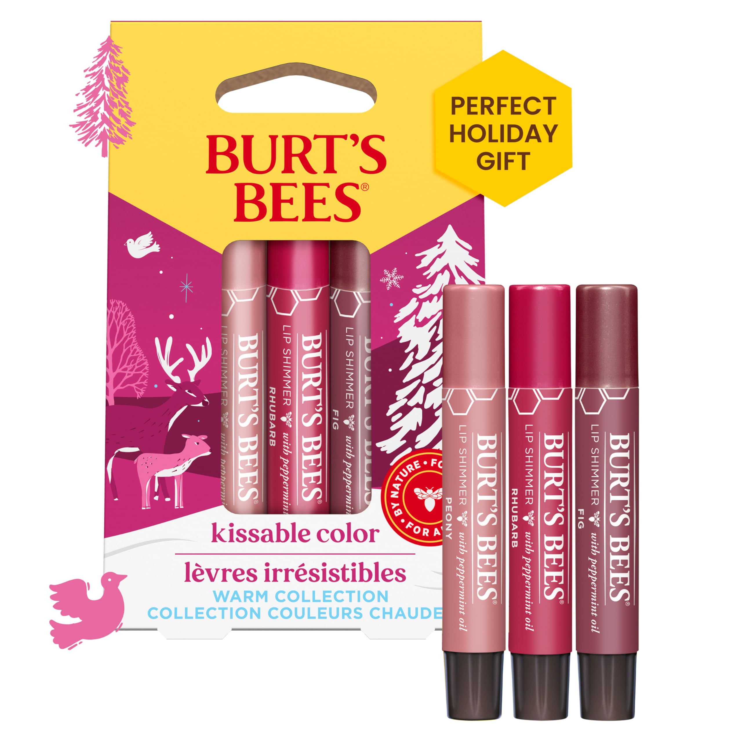 Burt's BeesShimmer Lip Tint Stocking Stuffers Set, Tinted Lip Balm, Moisturizing for All Day Hydration with Natural Glowy Pigmented Finish & Buildable Color, Kissable Color, Warm Collection (3-Pack)