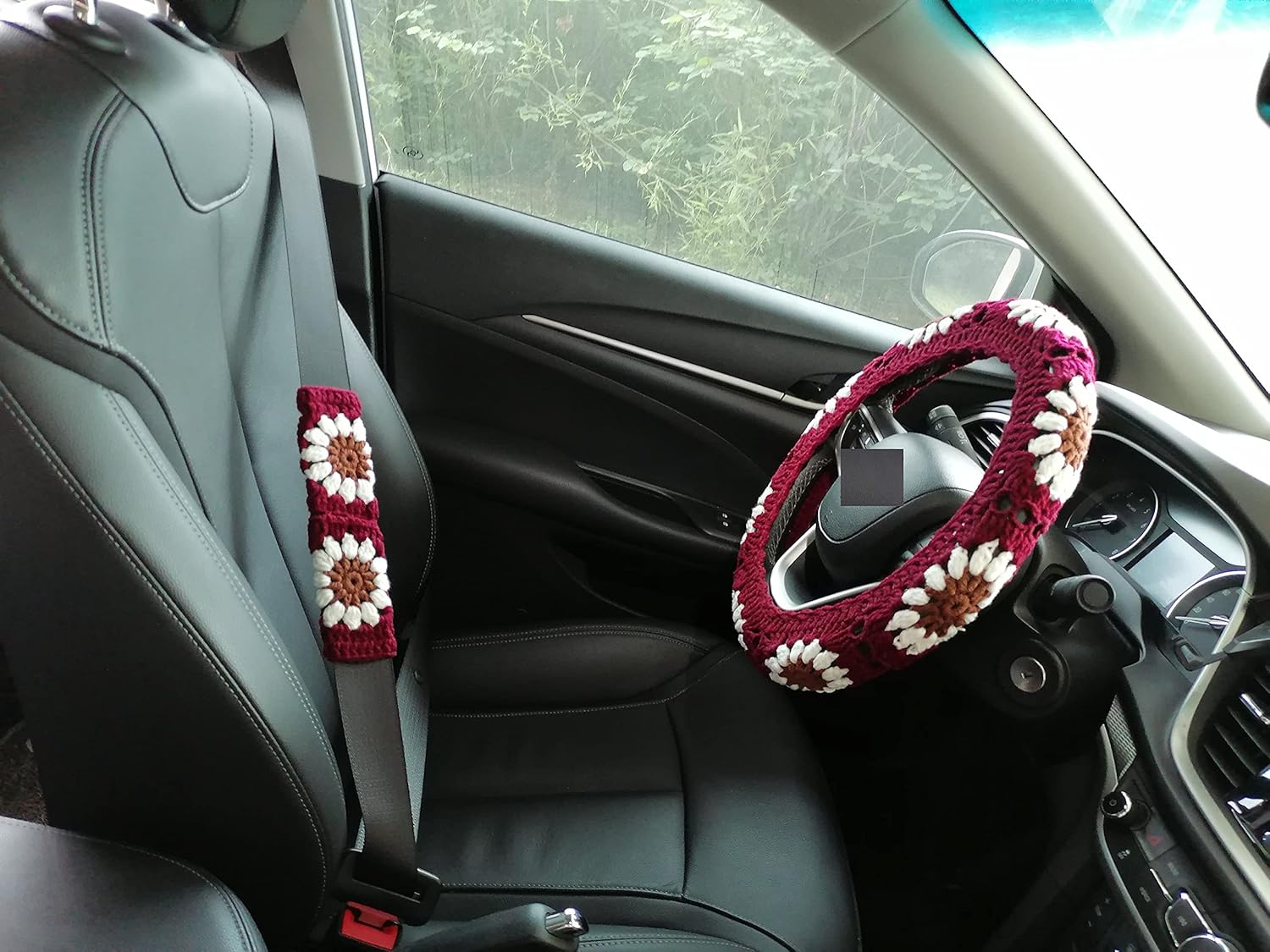 YDM Colorful Steering Wheel Cover Crochet Steering Wheel Cover Crocheted Seat Belt Cover Cover Steering Wheel Cover Crochet car Accessories (Steering Wheel Cover+1 Belt Cover)