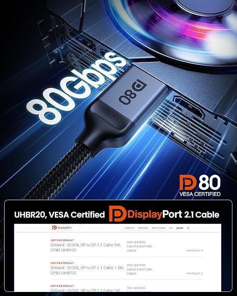 Silkland 80Gbps Short DisplayPort 2.1 Cable [VESA Certified] 1.6FT DP80 | 16K@60Hz, 8K@240Hz, 4K@540Hz/480Hz/360Hz/240Hz, DP to DP Cable, UHBR20, HDR10+, DSC, HDCP 2.3, Gaming Monitor, 5090