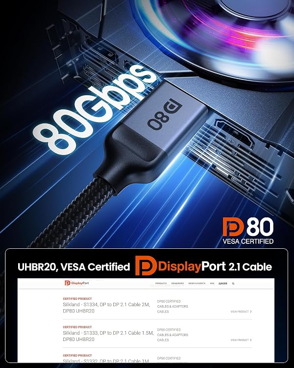 Silkland 80Gbps DisplayPort Cable 2.1 3.3FT [VESA Certified], [8K@240Hz, 4K@540Hz 360Hz 240Hz] DP 2.1 Cable 16K, DP80 HDR DSC Display Port Cord Compatible FreeSync G-Sync Gaming Monitor 5090 7900XTX by Silkland - Image 4
