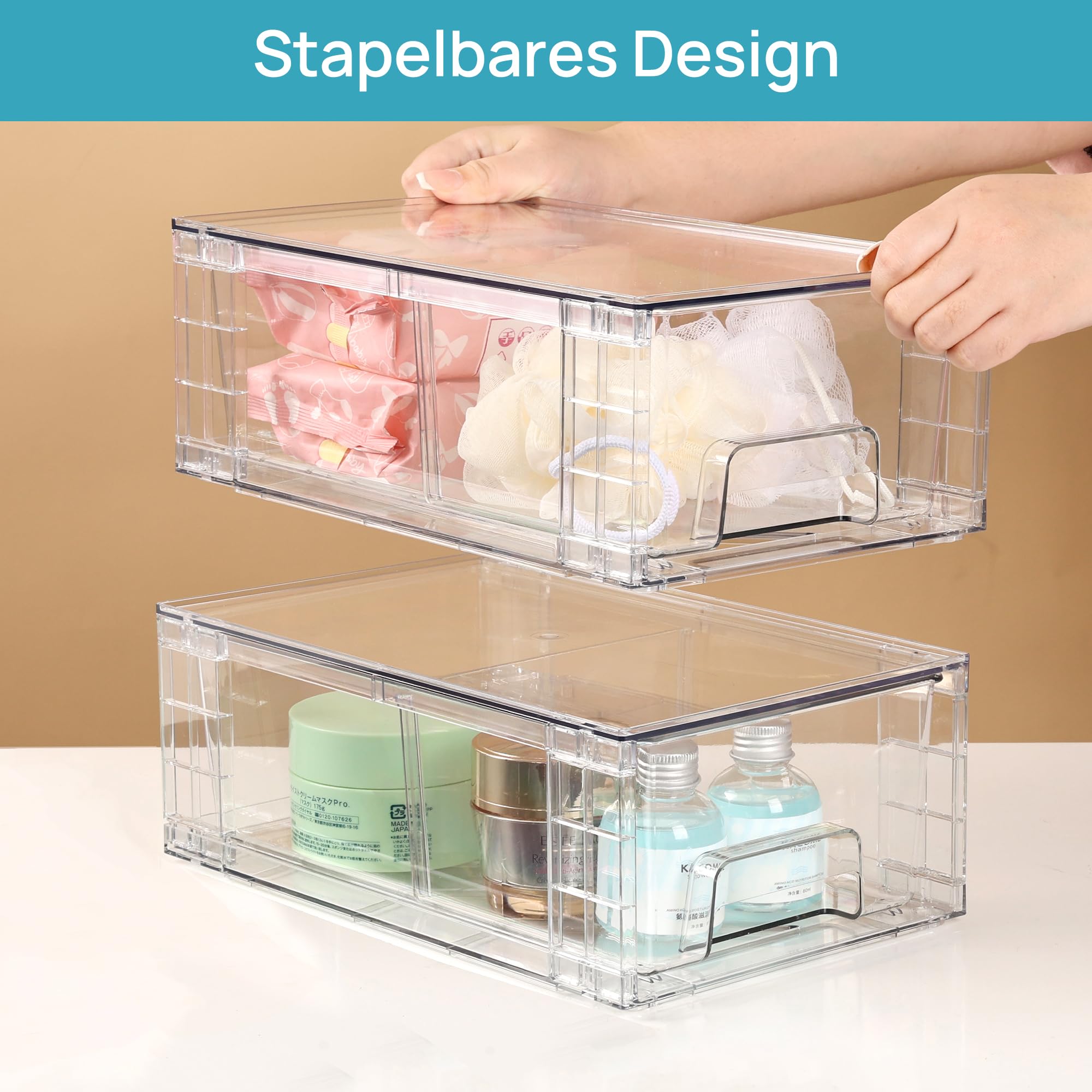 Vtopmart 4 Stücke Stapelbare Aufbewahrungsschubladen, durchsichtige Schubladenorganisatoren aus Acryl mit Griffen, Aufbewahrung Organizer für Kühlschrank, Badezimmer, Schrank, Speisekammer Acryl