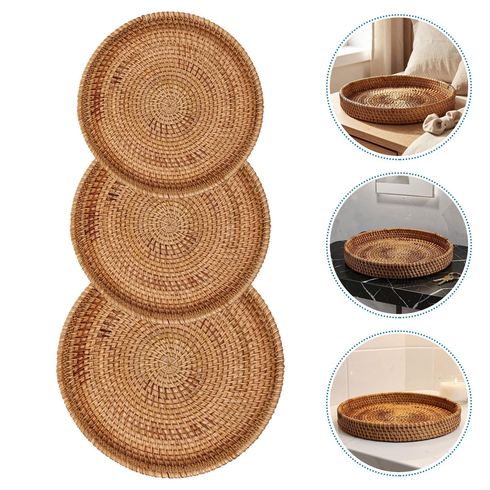 3 Pezzi Cesto Rotondo in Rattan Intrecciato Artigianalmente,