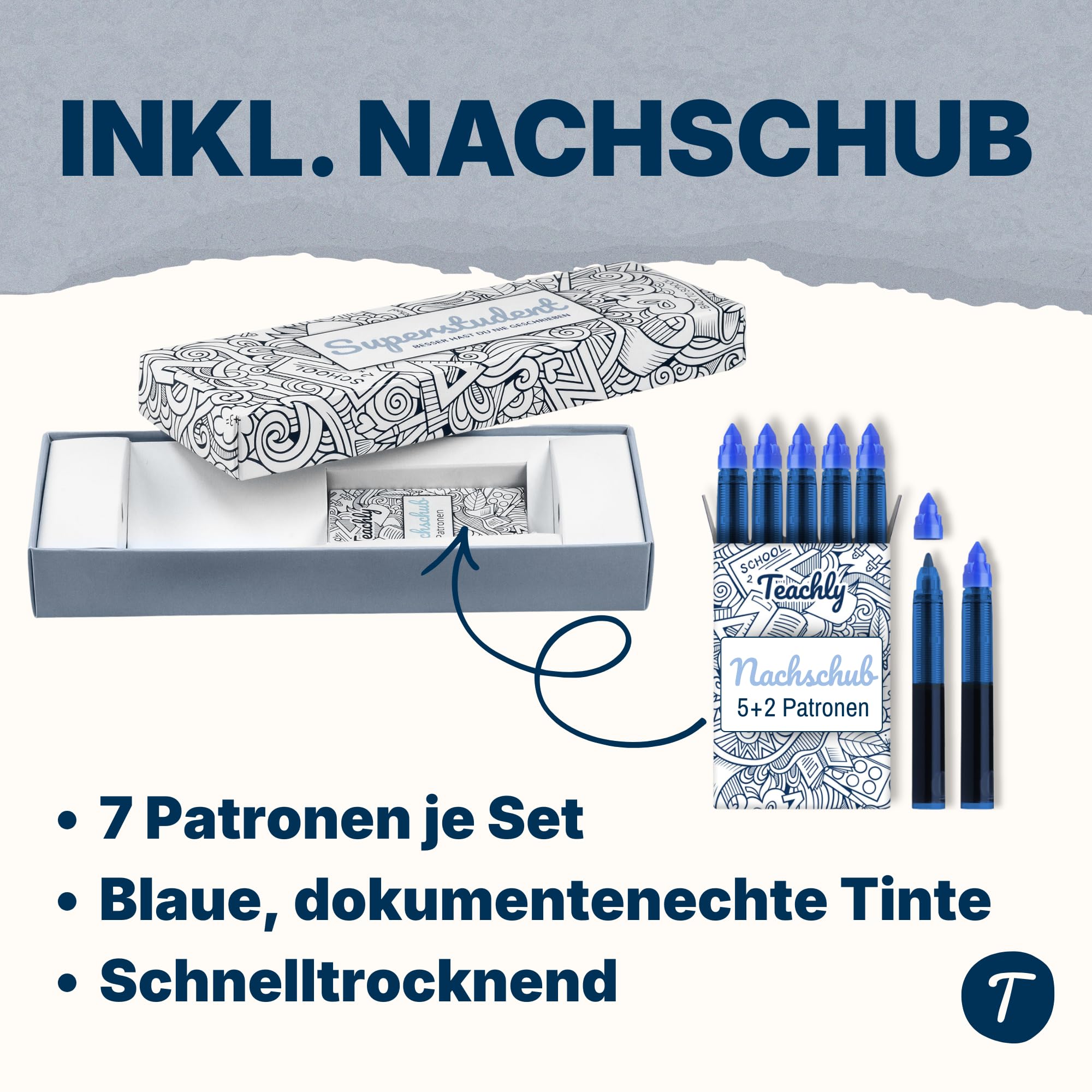 Teachly Tintenroller Superstudent (Anthrazit) - inkl. 7 blauen Patronen | Nachfüllbarer Tintenroller für Schule & Studium - Inkl. Geschenkverpackung